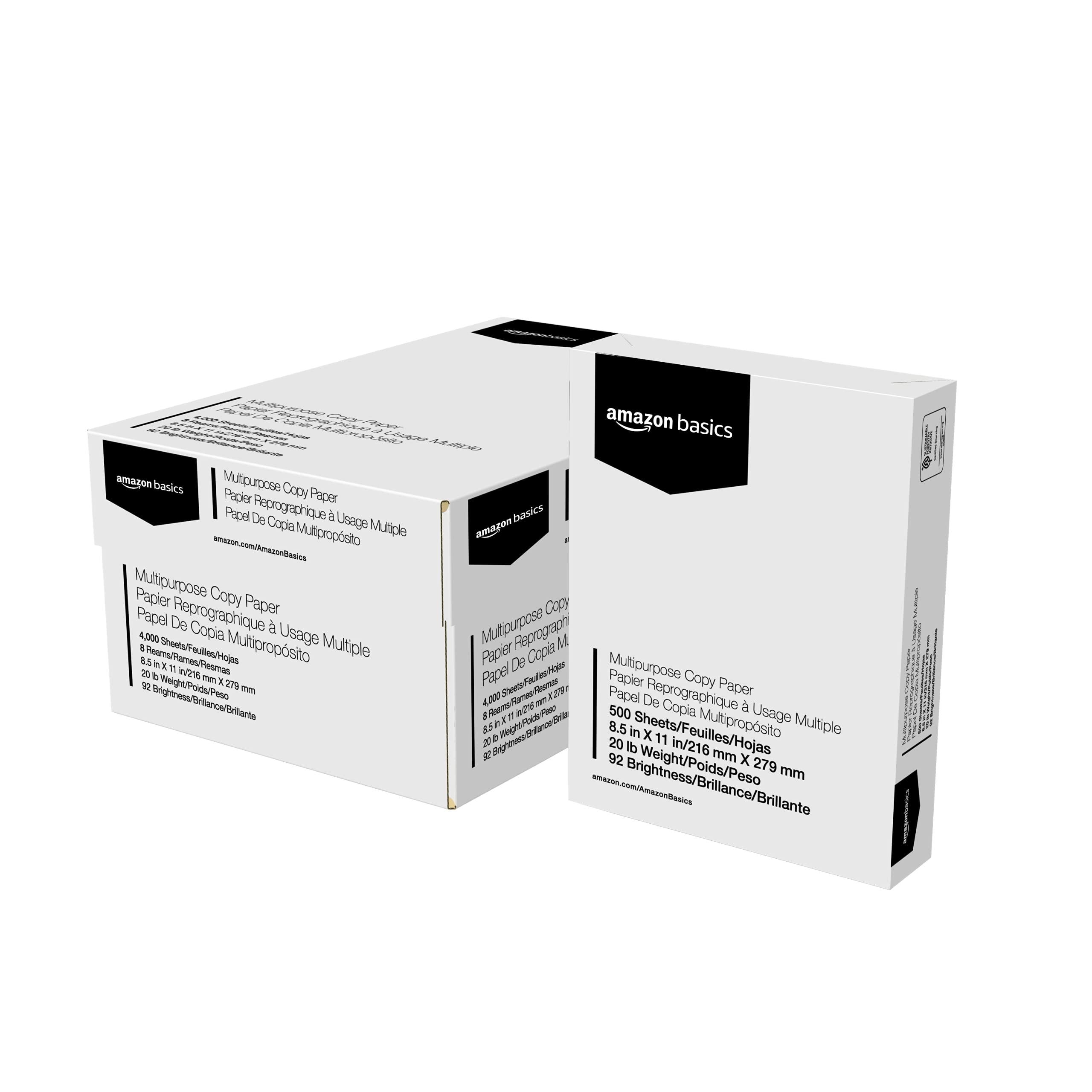 Amazon Basics Multipurpose Copy Printer Paper, 20 lb, 92 Bright, 8.5" x 11", White, 8 Reams, 4000 Sheets (500 Sheets/Ream)