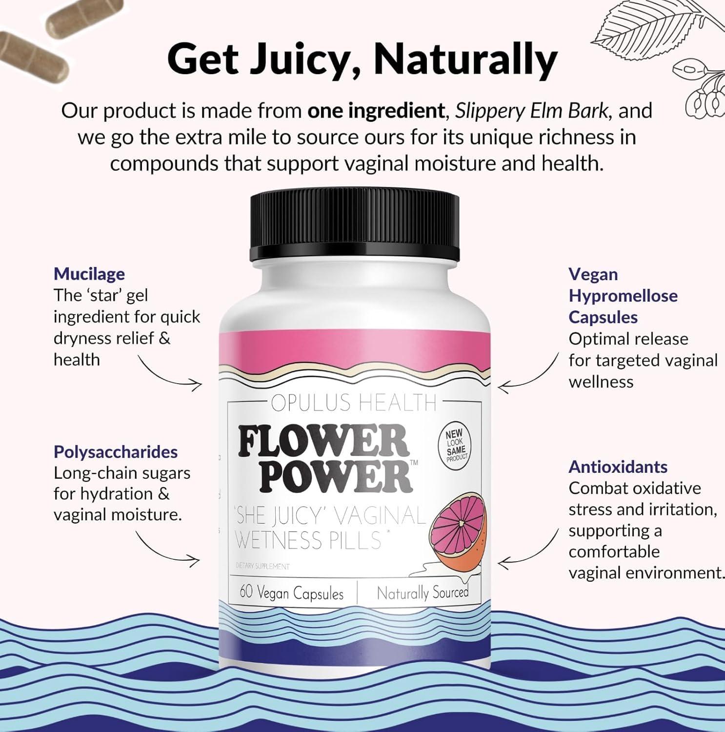 Flower Power She Juicy Feminine Support Capsules – 60 ct | Slippery Elm Bark Supplement for Women | Natural Hydration & Wellness | pH Balance Support | Made in USA | Vegan & Non-GMO - Image 2