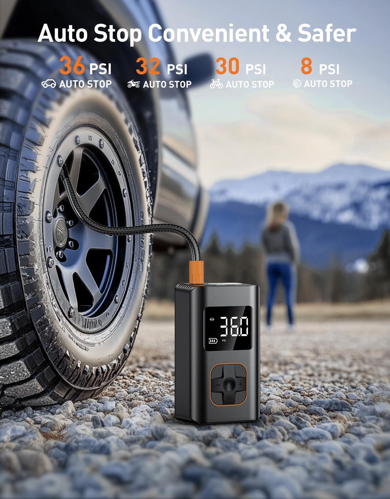 Tire Inflator Portable Air Compressor, 8000mAh Cordless Air Pump for Car Tires, 150 PSI Electric Bike Tire Pump with LED Light and Digital Pressure Gauge for Motorcycle, Auto, Ball, Bicycle - Image 7