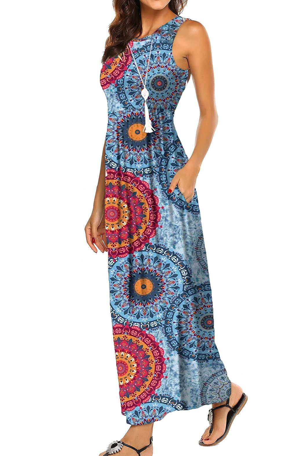 Hount Women's Summer Sleeveless Striped Flowy Casual Long Maxi Dress with Pockets