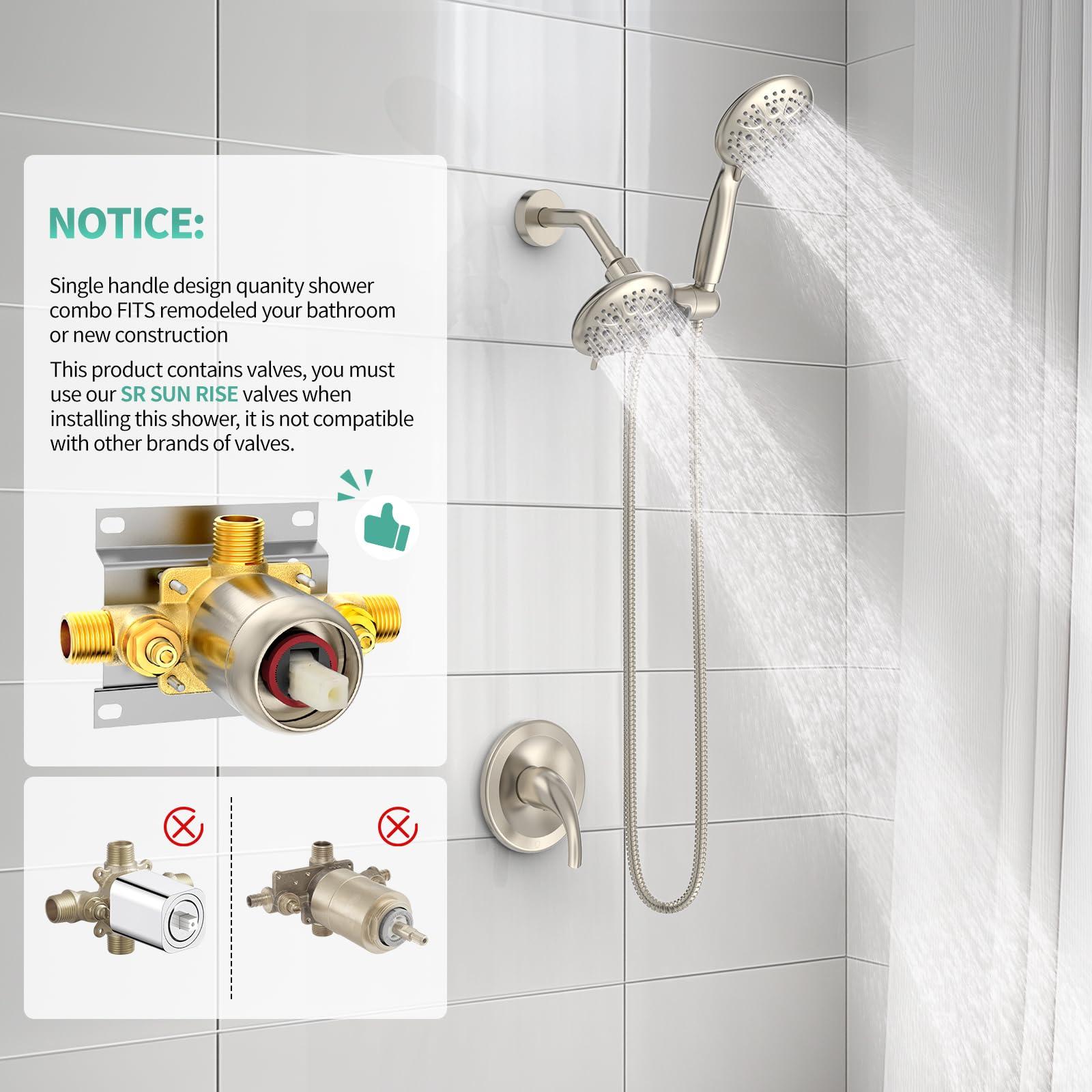 SR SUN RISE Shower System with Handheld Shower and Rain Shower Combo Set High Pressure 5-spray Dual 2 in 1 Shower Faucet Patented 3-way Diverter Brushed Nickel (Valve Include） - Image 2