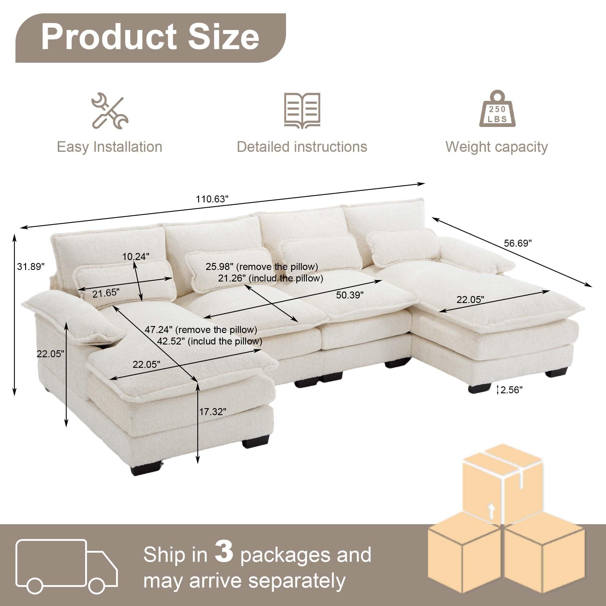 GNIXUU U Shaped Cloud Couch, 110" Chenille Comfy 4 Seat Sectional Couches for Living Room, Modular Sofa Sleeper with Double Chaise & Memory Foam for Apartment(Beige) - Image 2
