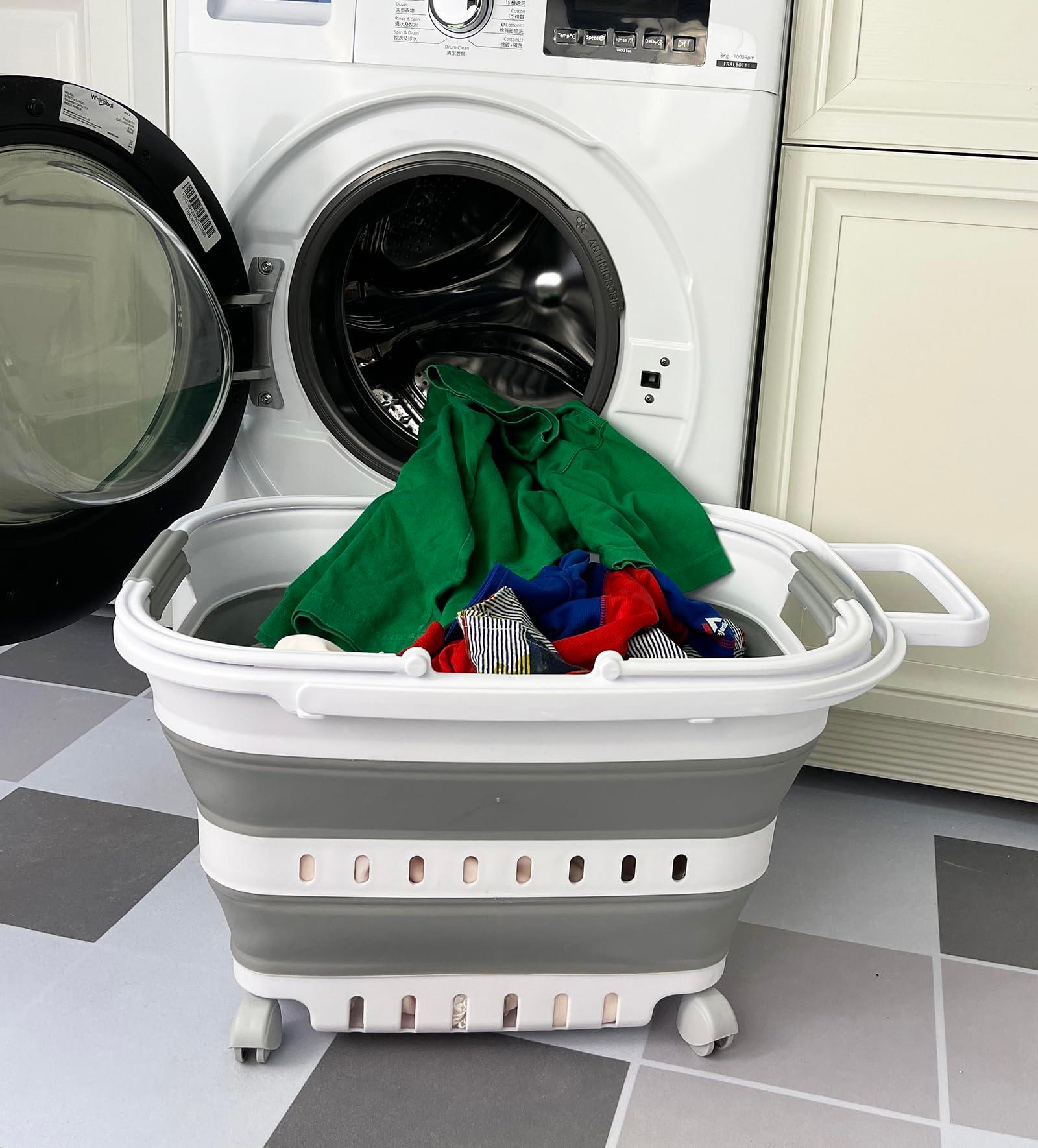 SAMMART 35L (9.24 Gallons) Collapsible Plastic Laundry Basket with Handle and Wheels - Foldable Pop Up Storage Container/Organizer with handle and wheels - Space Saving (1, White/Grey) - Image 7
