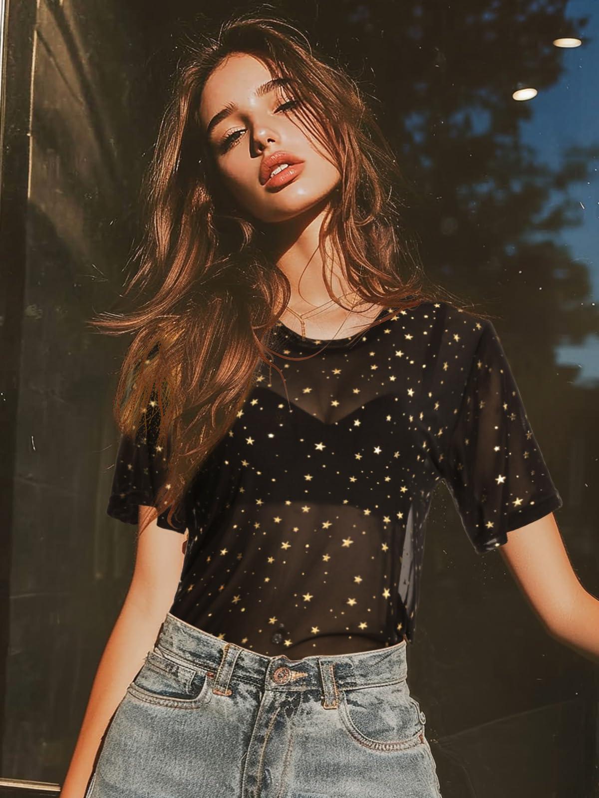 HWOKEFEIYU Women's Summer Short Sleeve Tops See Through Mesh Sheer Sexy T Shirt Blouse - Image 4