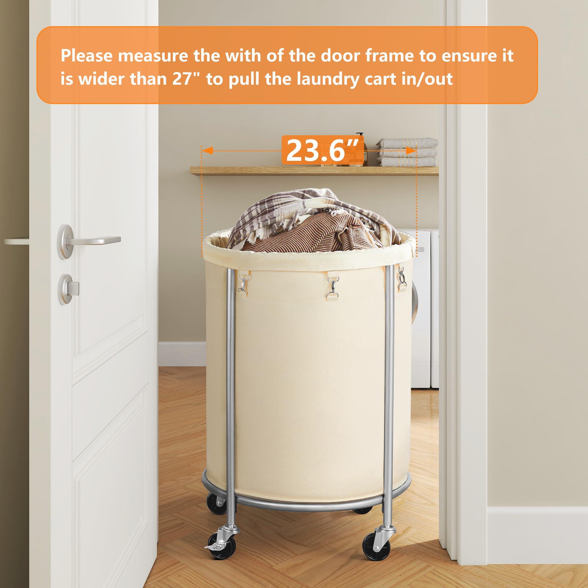 ELYKEN Laundry Basket with Wheels, 170L Rolling Laundry Hamper with Removable Bag and Steel Frame, Round Laundry Cart with 4 Casters and 2 Brakes, Ideal for Bedroom, Bathroom, Laundry Room, Cream - Image 7
