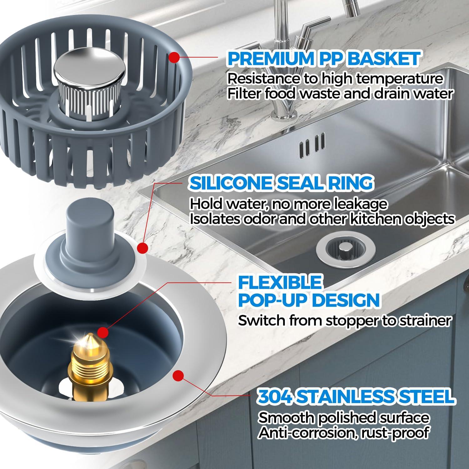 Upgraded 3in1 Kitchen Sink Drain Strainer & Sink Stopper, Stainless Steel Kitchen Drain Plug & Sink Installation Parts with Anti-Clogging Basket, Fit US Standard 3-1/2'' Sink Drain Hole, Silver - Image 6