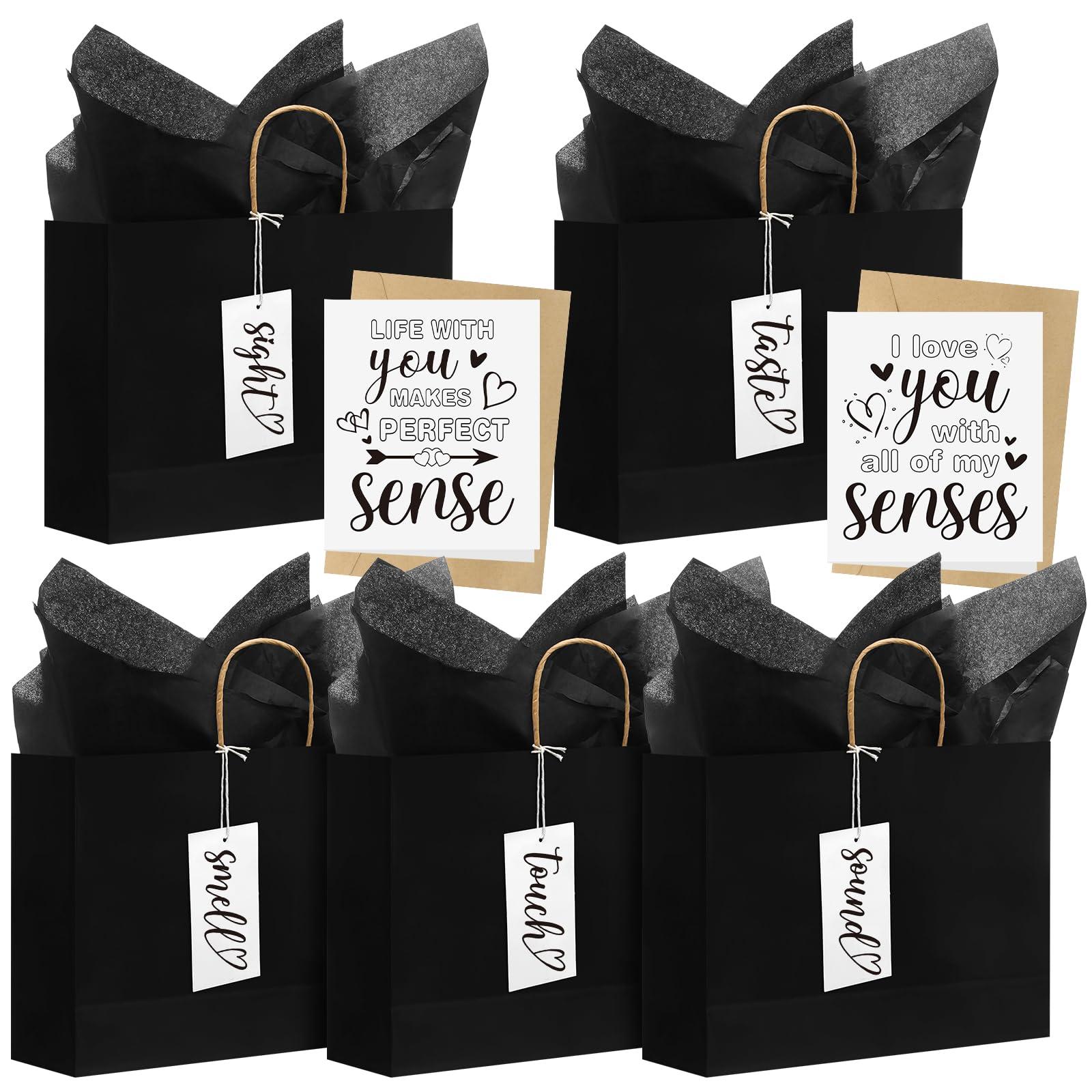 Kolldenn 5 Senses Gift Tags Kraft Paper Bag Set for Husband Wife 5 Sense Gift Bags Tissue Paper Greeting Card label for Him Her Couple Valentine Christmas(12.6 x 4.3 x 9.8 Inch,Black)