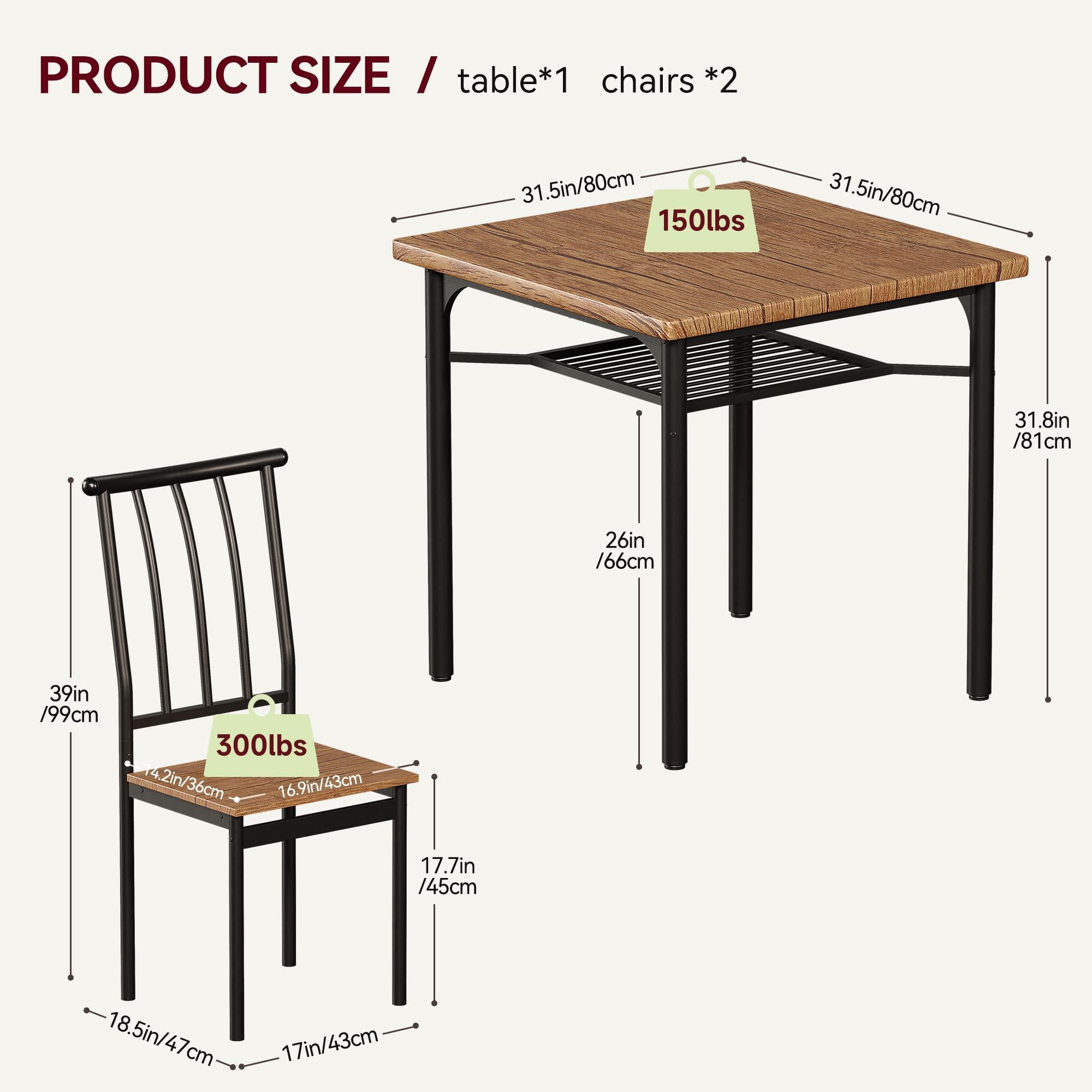 IDEALHOUSE Dining Table Set, Kitchen Table and Chairs for 2 with Wine Rack, 3 Piece Metal and Wood Square Dining Room Table Set for Small Space, Apartment, Rustic Brown - Image 2