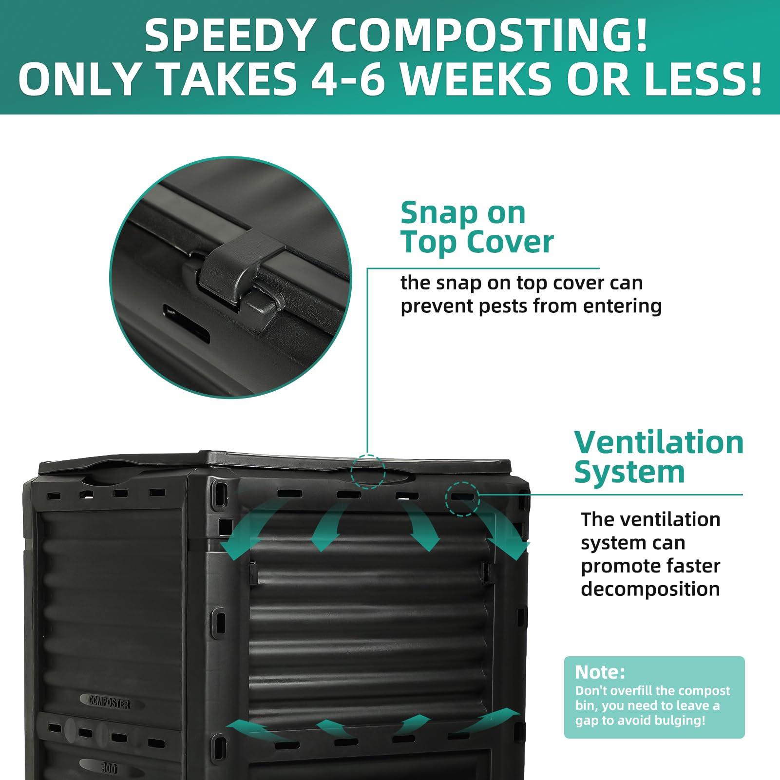 BIOGRN Large Outdoor Compost Bin,80 Gallon (300 L) Composter Bins with Snap-on Top Lid and Aeration System,Garden Compost Bin That Quickly Create Fertile Soil - Image 4