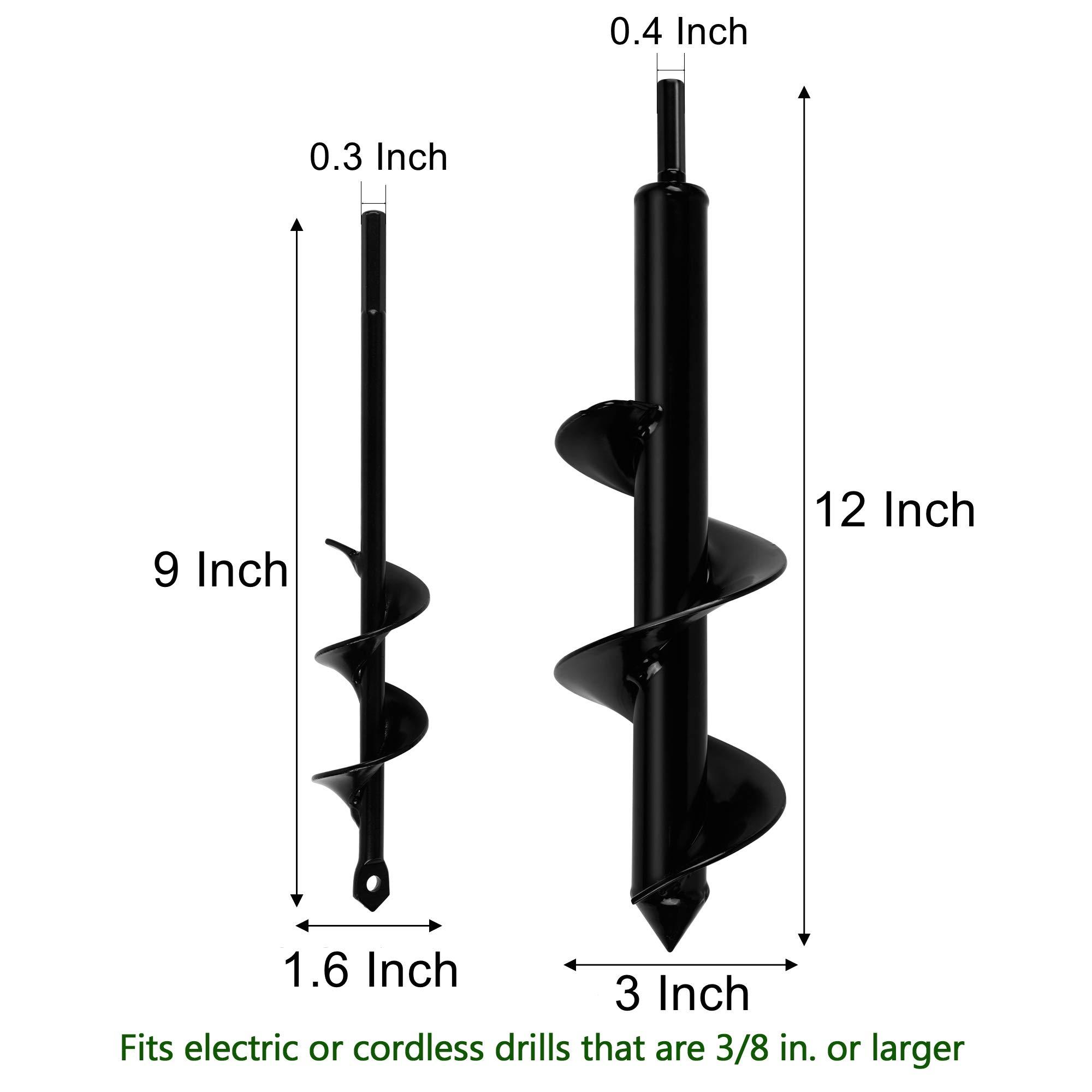 Twinkle Star 2 Pack Garden Auger Spiral Drill Bit Set, 1.6 x 9 Inch & 3 x 12 Inch with Garden Gloves, Plant Bulb Auger Fits for 3/8 Inch Dill for Bedding Plants and Digging Weeds Roots - Image 2
