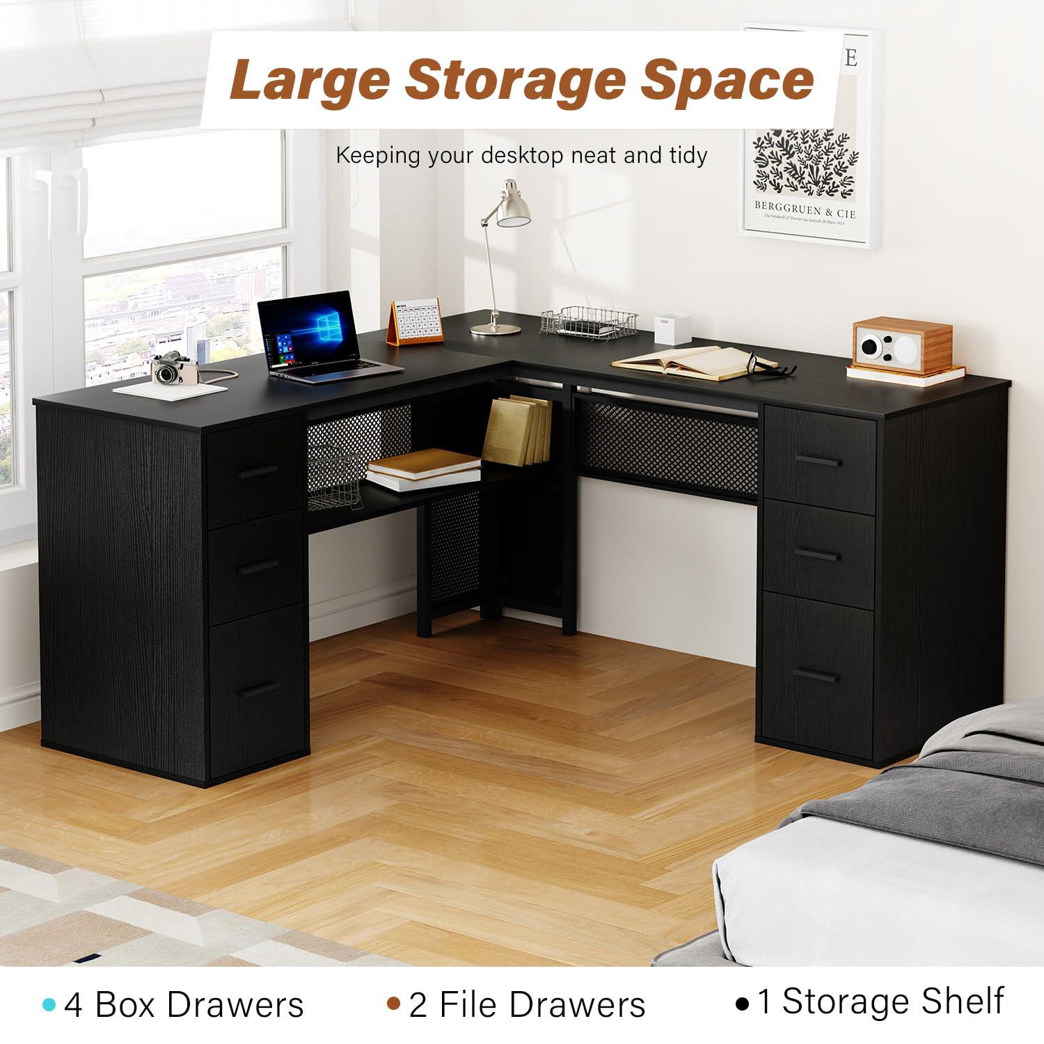 HSH Black L Shaped Desk with File Drawers Shelves, Reversible Corner Metal Wood Computer Desk with Storage Cabinet, Modern Large Executive Work Writing Study Table for Home Office Bedroom, 59 Inch - Image 6