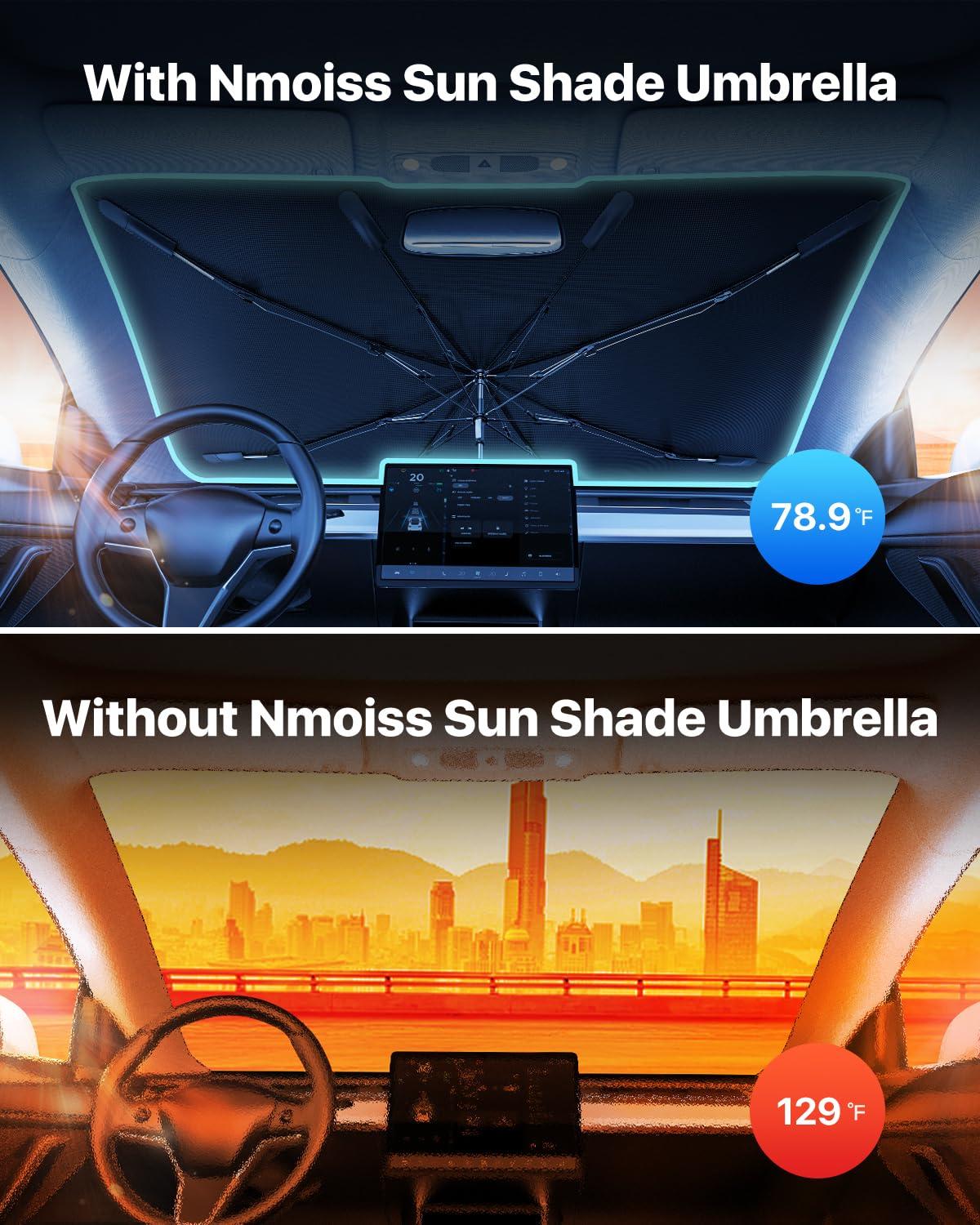 [2025 Upgrade] Nmoiss Windshield Sun Shade Umbrella - [Vinyl Coating Heat Shield] Protect Car from Sun Rays & Heat Damage Keep Cool and Protect Interior, Spring Structure Edge Medium 56" L x 31" W - Image 2