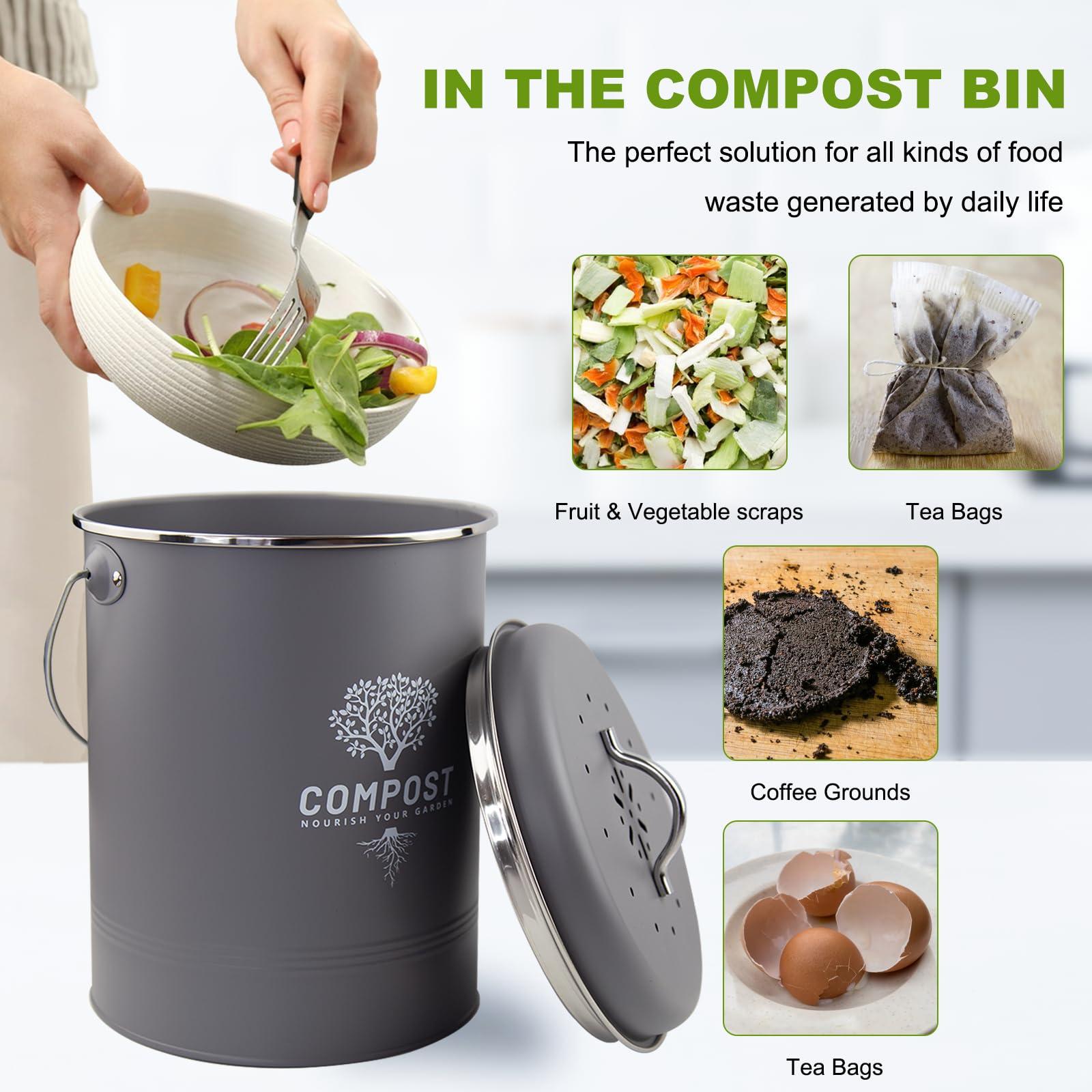 Holismo Kitchen Countertop Compost Bin, Odor Resistant Indoor Compost Bin with Lid and Charcoal Filter, Rust Resistant Coated Compost Bucket, Compost Container, Gray - Image 6