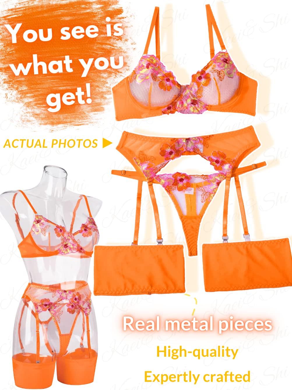 Kaei&Shi Floral Embroidered, Underwire, G-String, Garter Belt, 4 Pieces Lingerie - Image 5