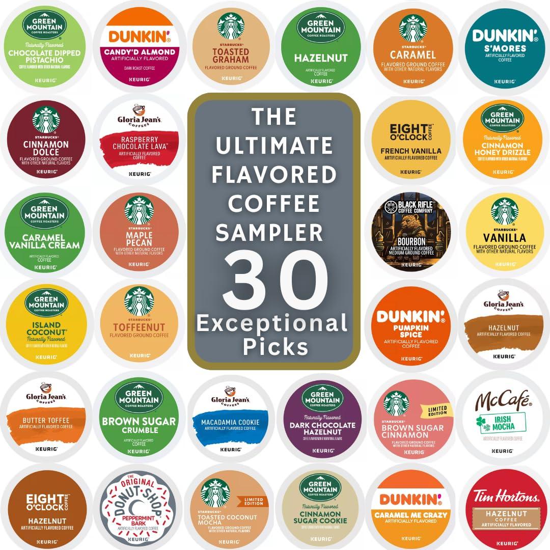 30 Flavored K-Cups: Unique & Exciting Variety Pack Collection" Dunkin, Green Mountain, Gloria Jean's And More (30 Unique Pods)