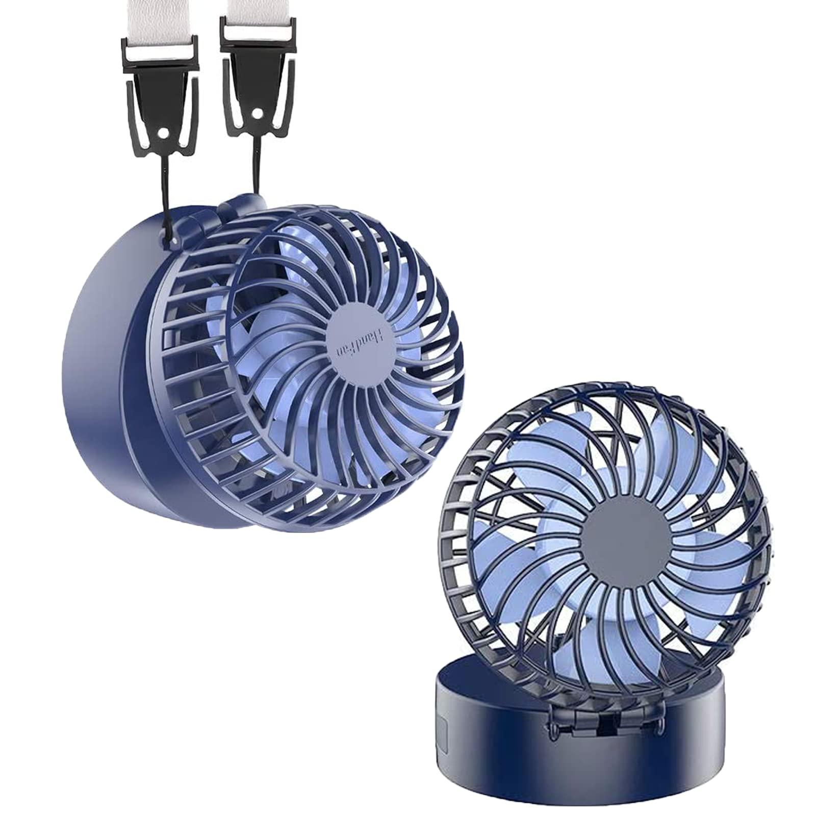 HandFan Mini Necklace Fan with Portable Charger/Makeup Mirror, Personal Hanging Neck Fan Rechargeable, Hands-Free Battery Operated Wearable Fan for Travel Outdoor Makeup(Blue)