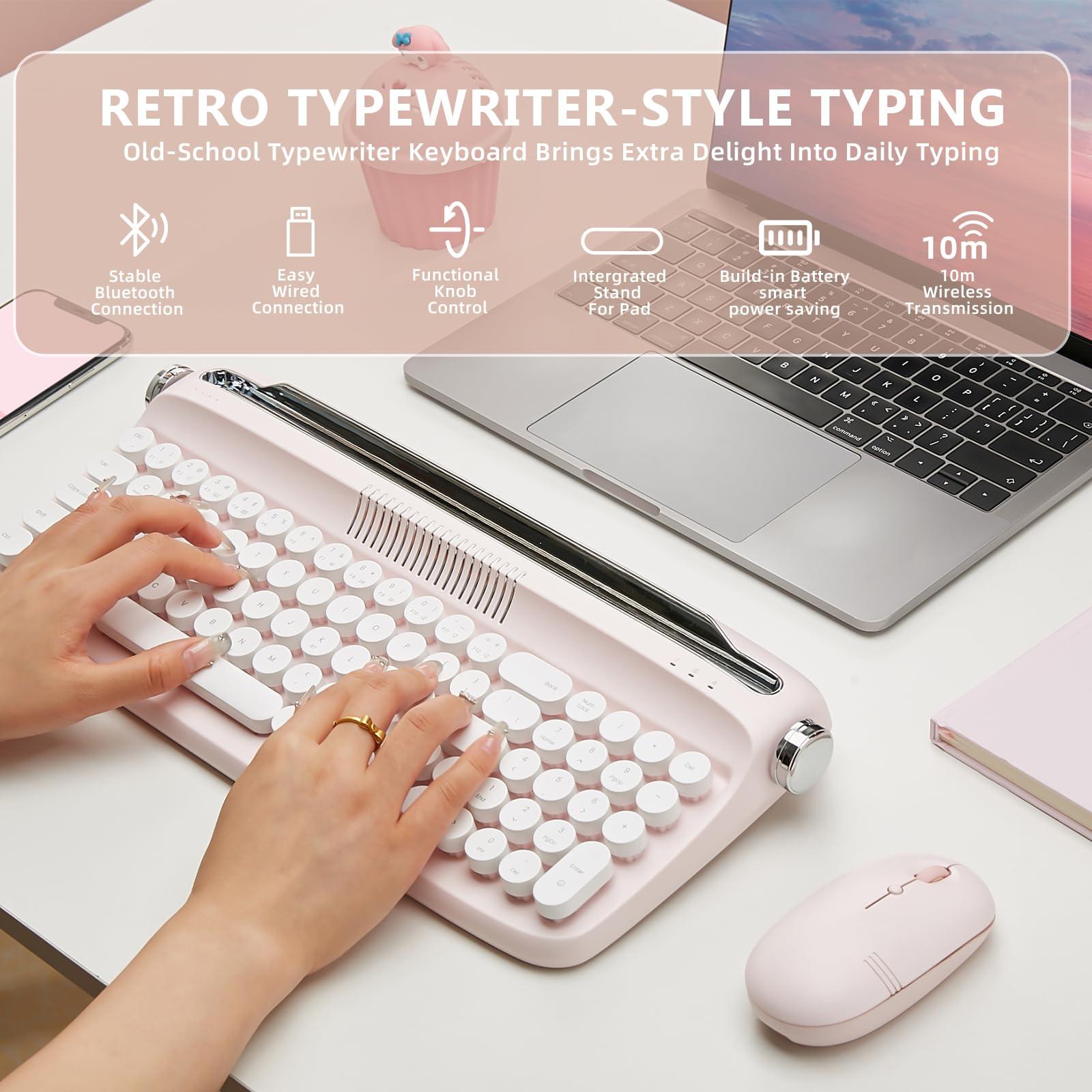 YUNZII Upgraded Wireless Typewriter Keyboard,with Retro Integrated Stand,USB-C/Bluetooth,Cute Round Keycaps, USB-C/Bluetooth Connection for Table, Phone, PC and Win/Mac/Android (B309, Baby Pink) - Image 2