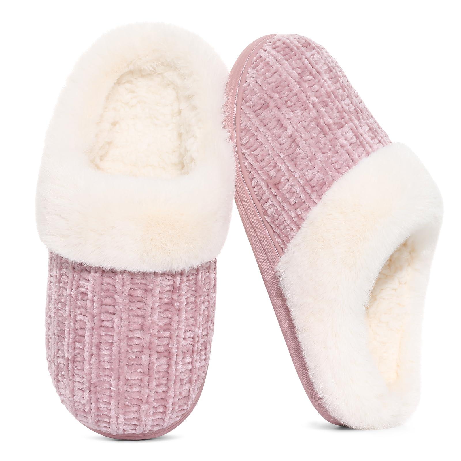 Evshine Warm Knit House Slippers for Women Comfy Wool-Like Lined Chenille Slippers with Memory Foam and Indoor Outdoor Soles