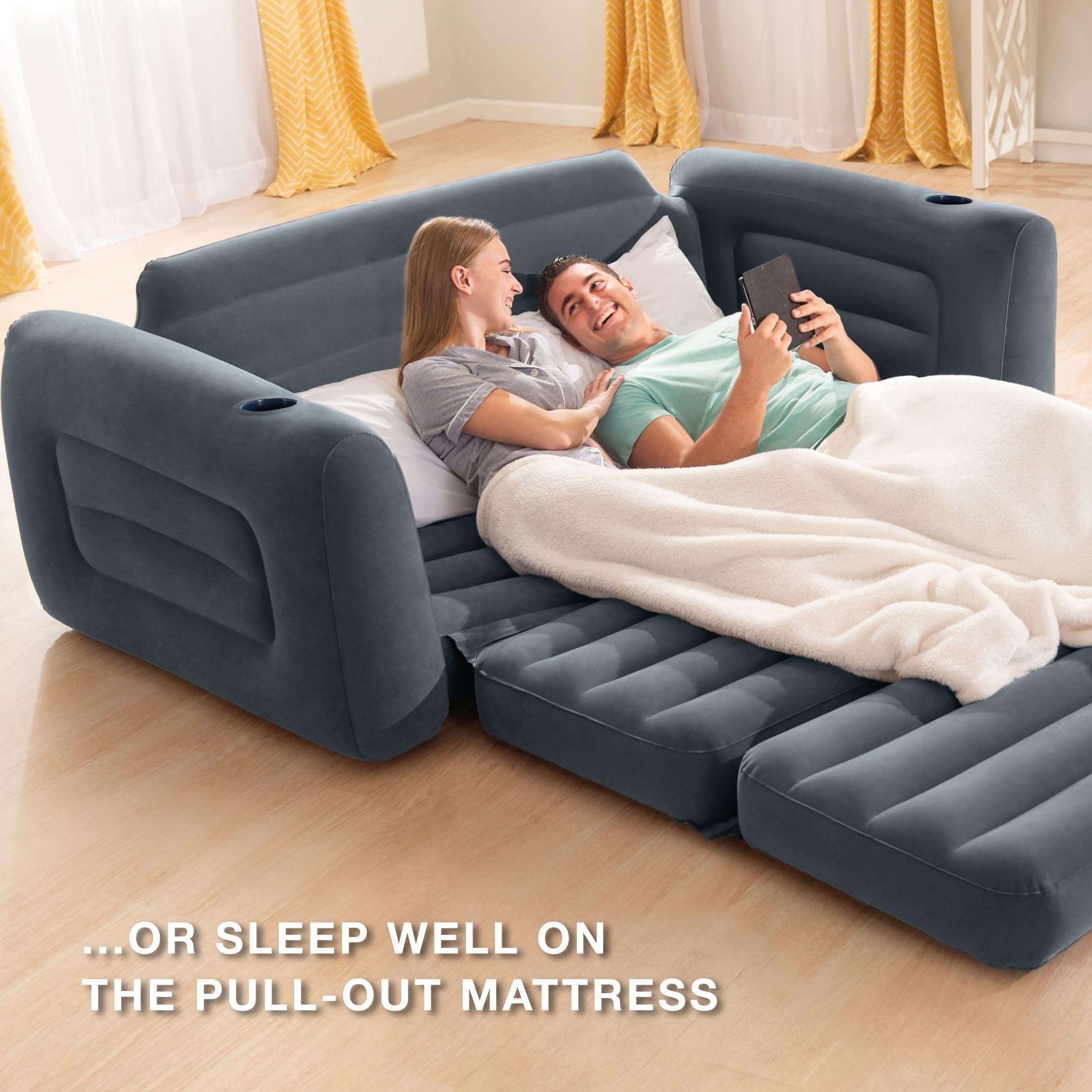 Intex Inflatable Pull-Out Sofa: Velvety Surface, 2-in-1 Valve, Cupholder, 46" x 88" x 26" - Blow-Up Couch and Folding Queen Size Air Mattress Bed - Image 5