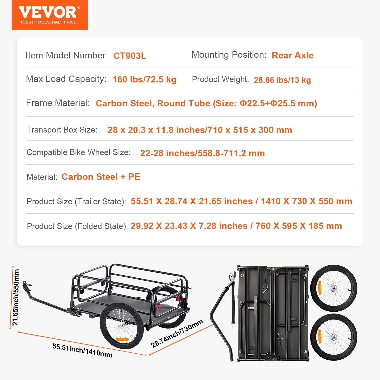 VEVOR Bike Cargo Trailer, 88/100/160 lbs Load Capacity, Heavy-Duty Bicycle Wagon Cart, Foldable Compact Storage with Universal Hitch - Image 7