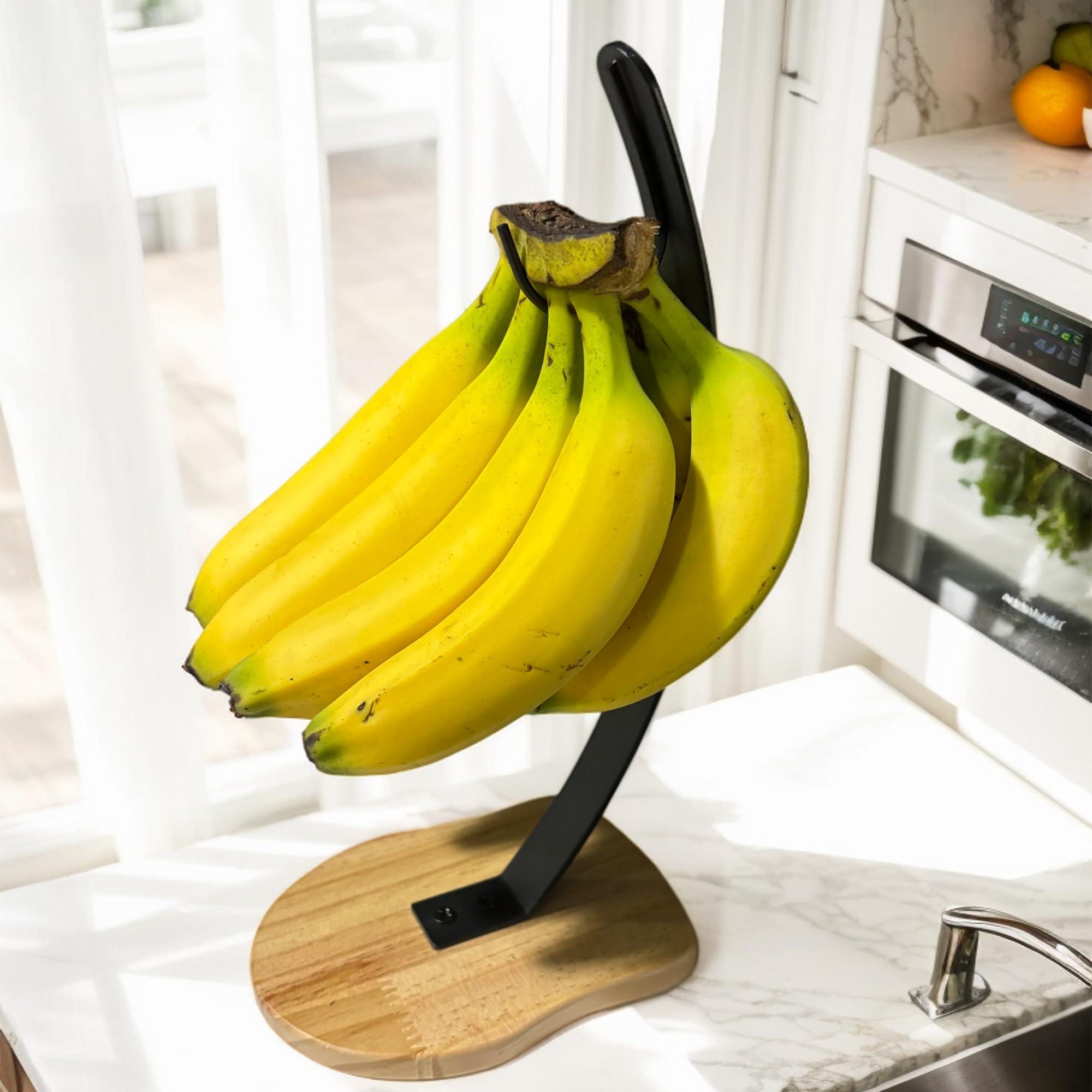 Premium Banana Holder Stand with Unique Wooden Base & Sturdy Metal Hook – Stylish Banana Hanger for Fresh Fruit/White Elegant Gift for Adult/stocking stuffers for Men/Women