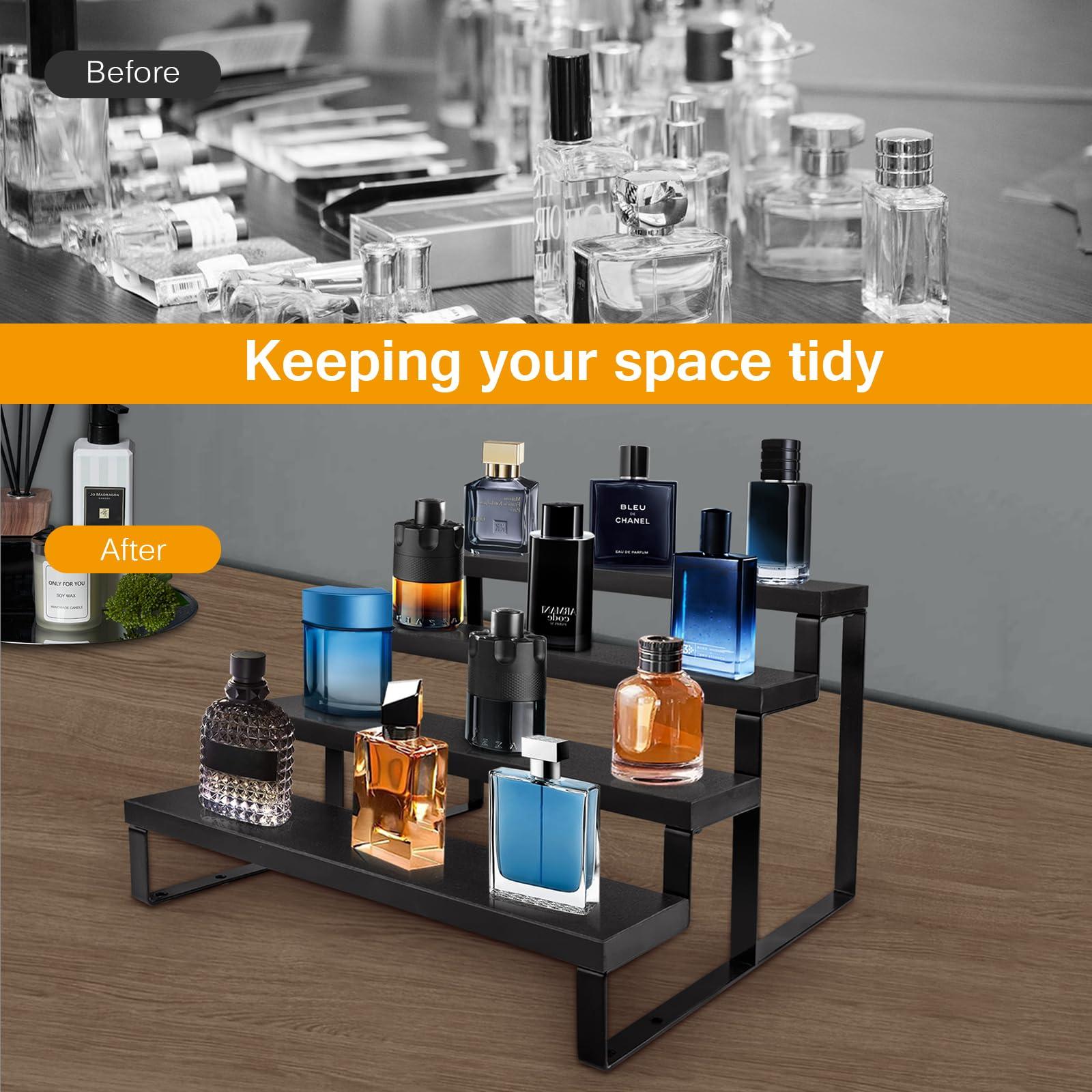 Wood Cologne Organizer for Men,12 Inch 4 Tier Cologne Stand Waterproof Perfume Organizer for Dresser with Anti-Slip Washers,Wooden Display Risers Stand for Party,Makeup,Figures,Cupcake,Perfume,Dessert - Image 9
