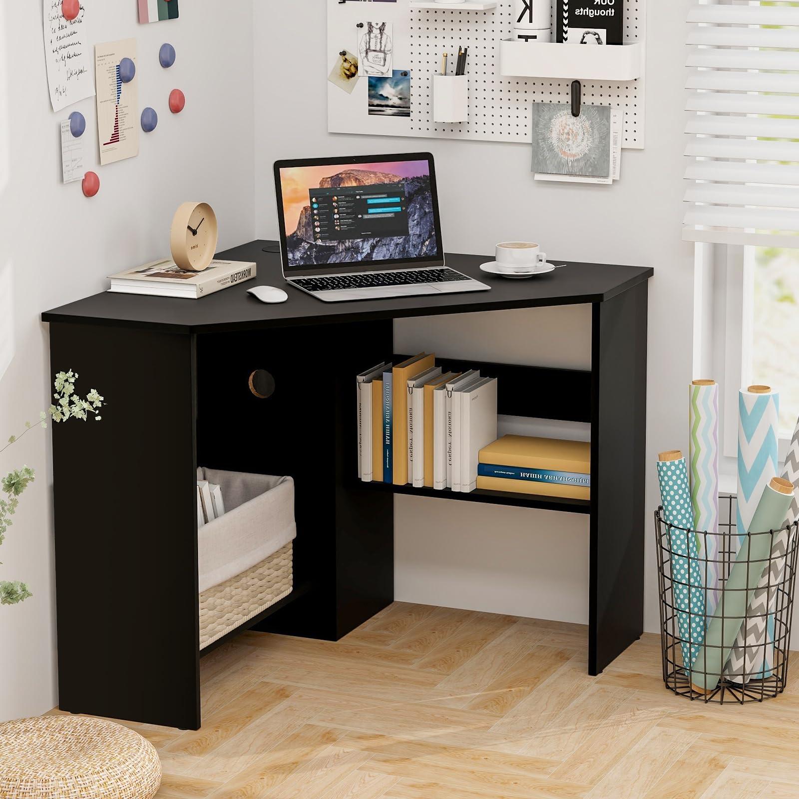 Tangkula Corner Desk, 90 Degrees Triangle Computer Desk for Small Space, Space Saving Bedroom Corner Makeup Vanity Desk with Storage Shelves & CPU Stand, - Image 3