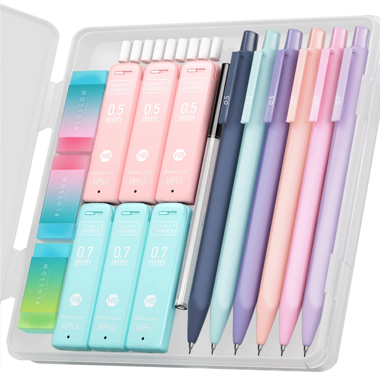 Four Candies Cute Mechanical Pencil Set, 6PCS 0.5 & 0.7mm Pencils with 360PCS HB Leads, 3PCS Erasers and 9PCS Eraser Refills, Aesthetic Back to School Supplies for Girls Writing, Drawing