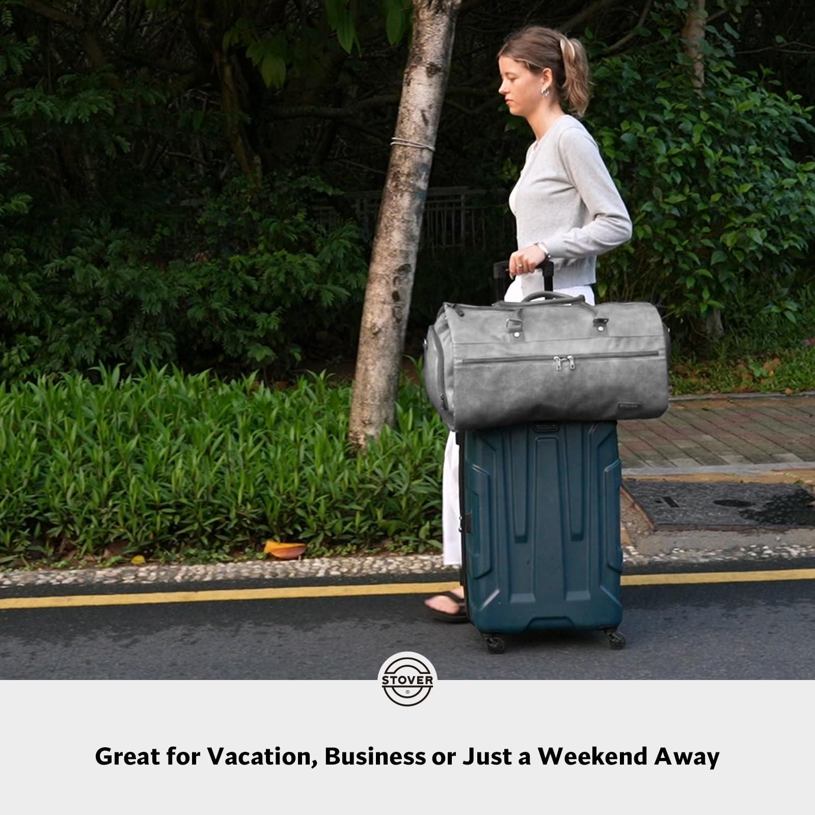 STOVER Garment Travel Duffle Bag, Large 2-in-1 Convertible Carry-on Luggage for Men & Women- Hanging Suits, Dresses & Clothes + Shoe Compartment- Weekender Tote Combo Duffel (Grey Leatherette) - Image 6