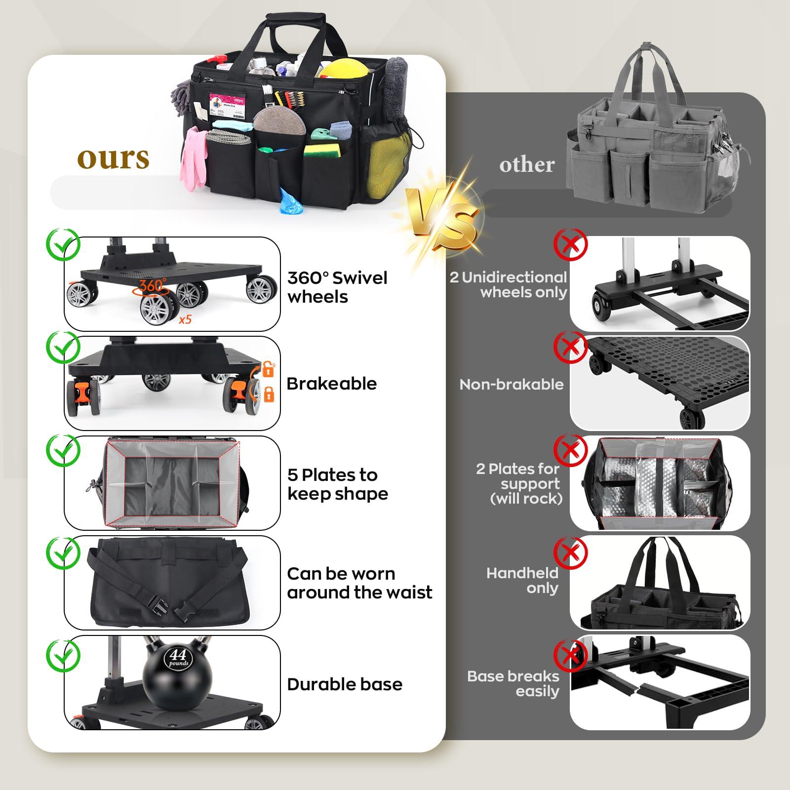 Rolling Cleaning Caddy Bag with Detachable Trolley, Multi-Functional Portable Cleaning Cart Supplies Organizer for Housekeeping and Domestic Cleaning, Cleaning Caddy with Wheels, Black - Image 6