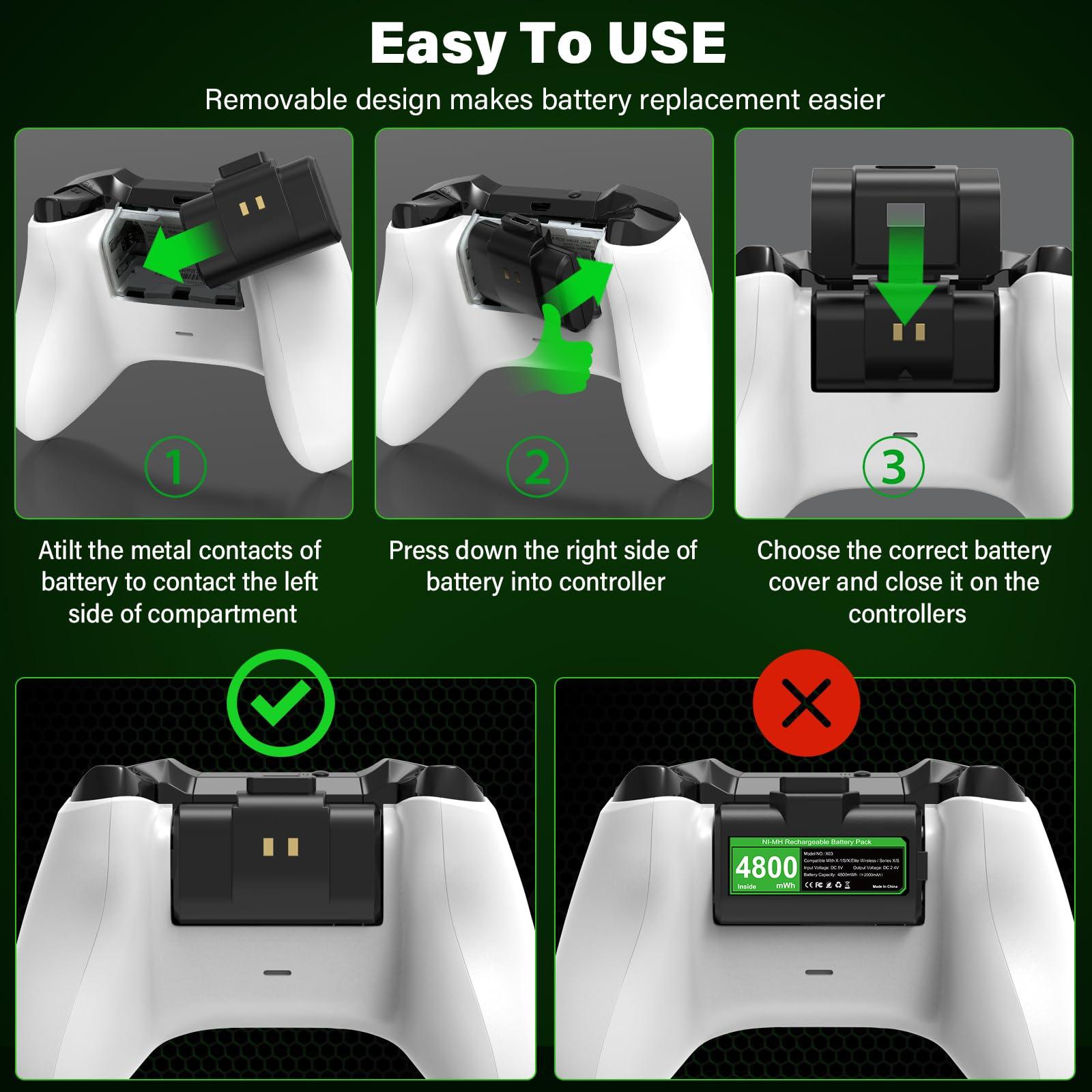 Rechargeable Controller Battery Pack for Xbox,2x4800mWh(2000mAh) Batteries Pack with USB-C Charging Cable for Xbox Series S|X/Xbox One S/One X/One Elite Remote Play and Charge Kit with 4 Cover(2 Pack) - Image 8