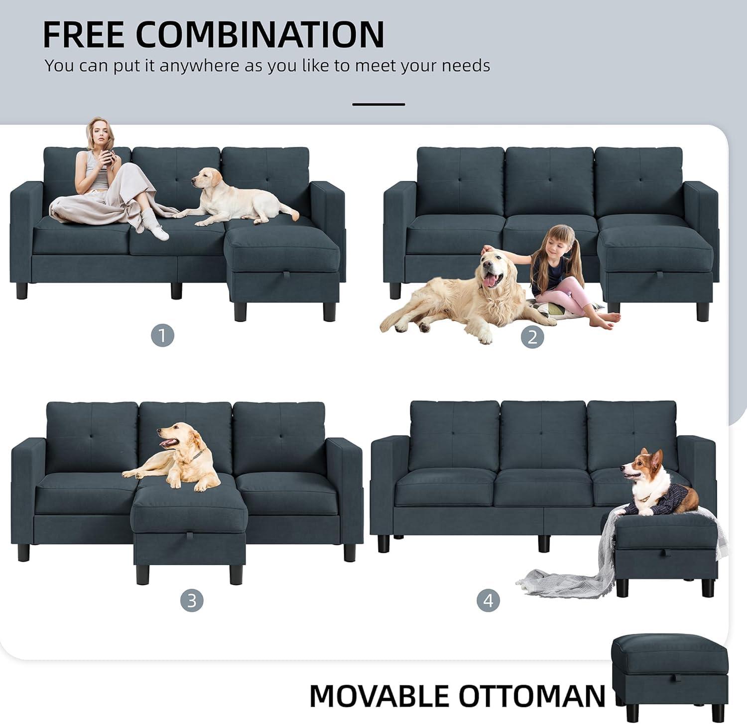 Shintenchi Small Sectional Couch with Ottoman, 3 Seat L Shaped Sofa, Fabric Upholstered Convertible Sofa Couches, Small Couch for Apartments, Living Room and Office(Dark Grey) - Image 4