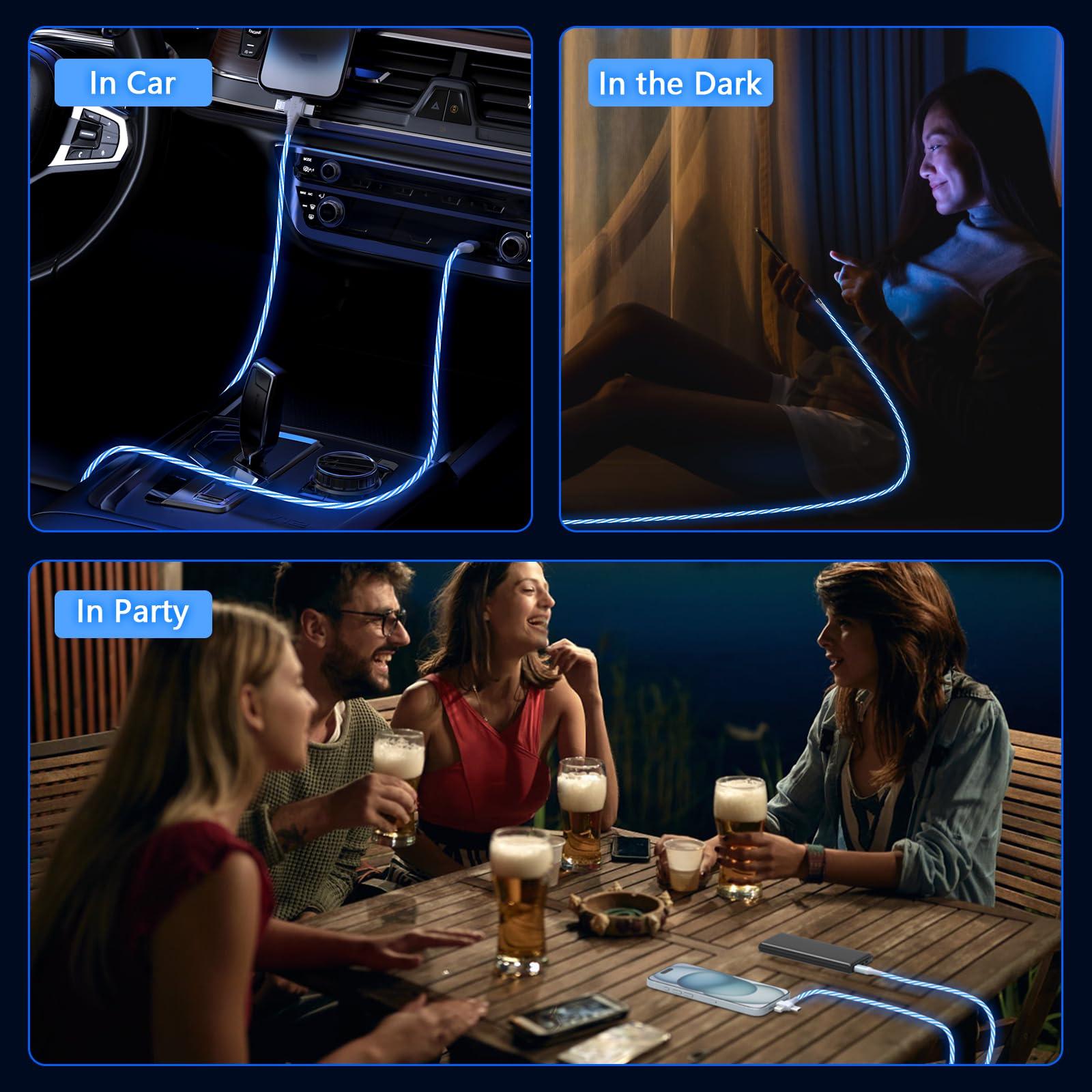 3-in-1 LED Light Up Flowing Multi iPhone Charger Cable,Lightning/Type C/Micro USB Car RGB Glowing Connector Cord for Apple iPhone 15/14/13/12/11 Pro Max/XR/XS/SE,iPad/Android/Samsung(6.6FT/2M Blue) - Image 2