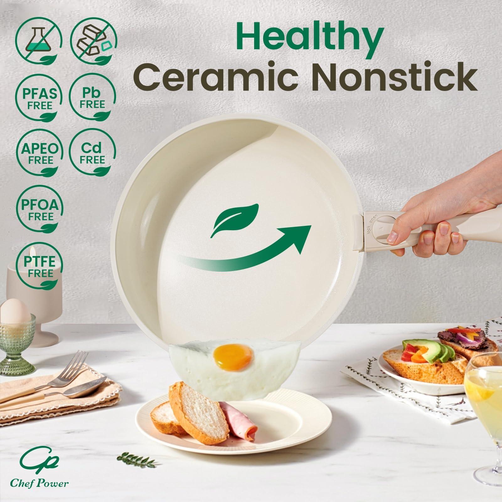 Chef Power Ceramic Cookware Set Non Toxic with Detachable Handles, Healthy Nonstick Pans and Pots Set 19 Pcs, Induction Dishwasher Oven Safe Kitchen Set, PFAS PFOA & PTFE Free, Cream White - Image 5