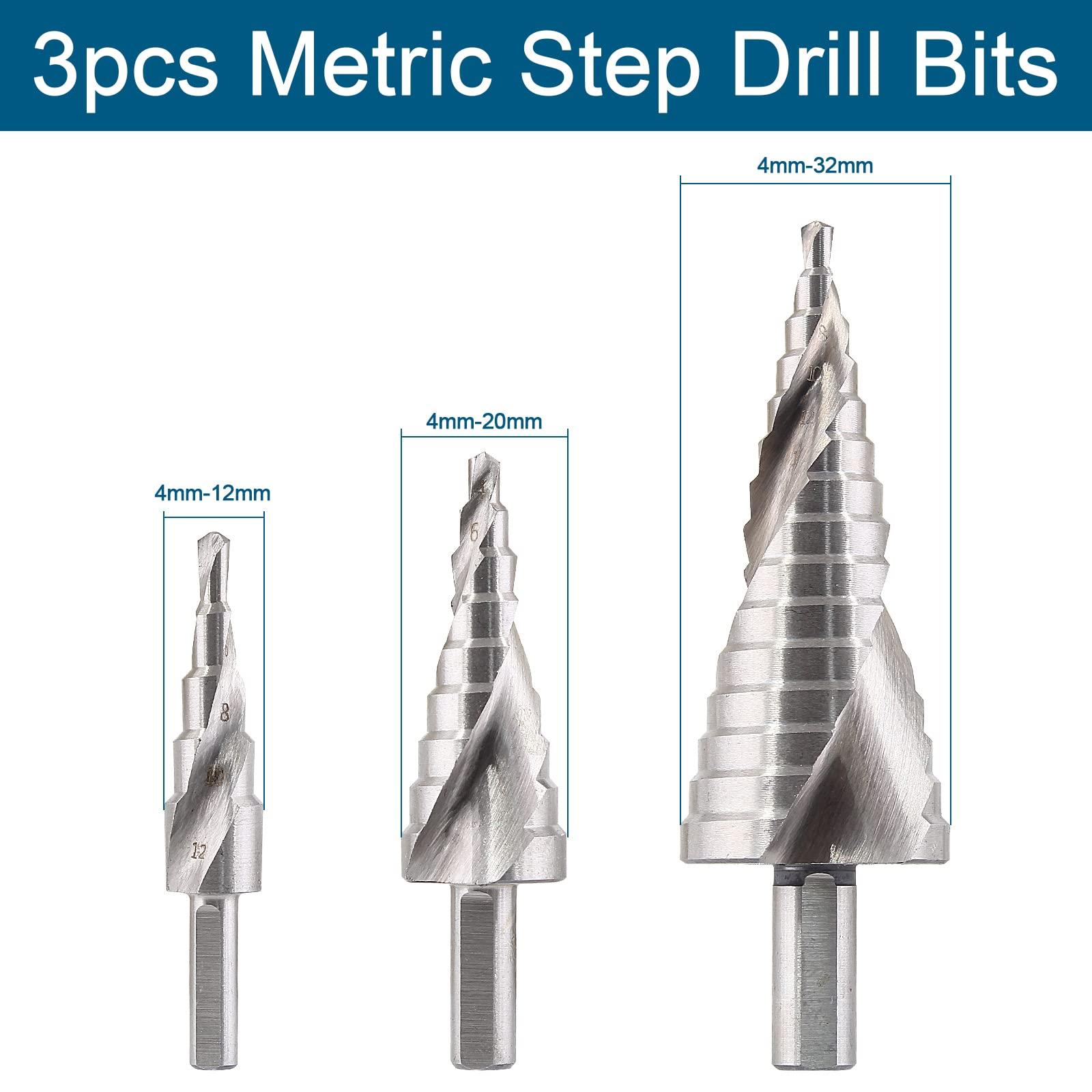 Aracombie 3pcs Metric Step Drill Bits for Metal, High Speed Steel Spiral Step Drill Bit, Unibit Step Drill Bit for Stainless Steel Aluminum Metal Wood (4mm-12mm, 4mm-20mm, 4mm-32mm) - Image 5