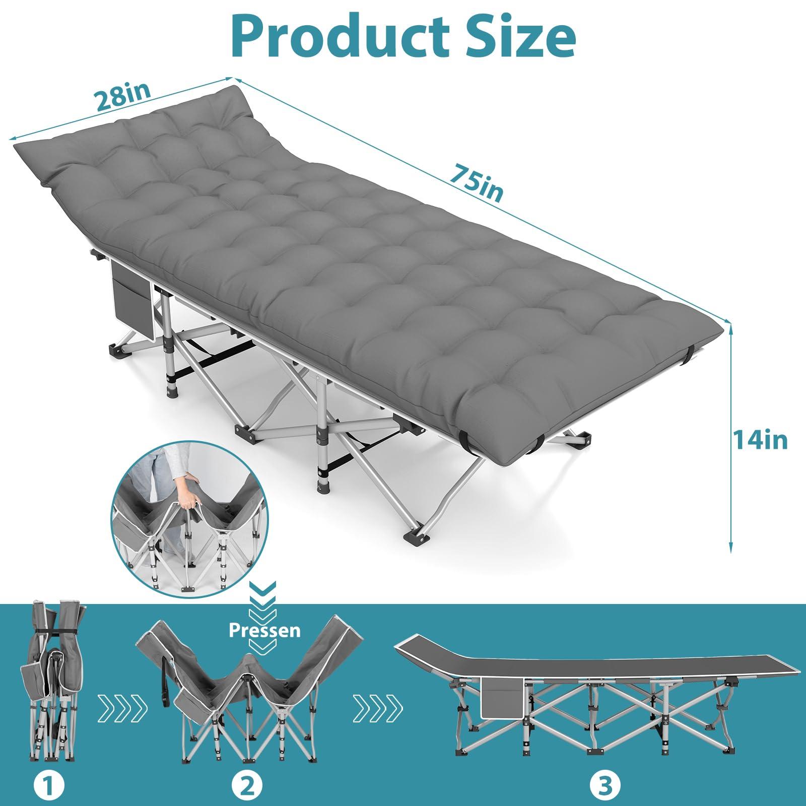 Fenbeli Folding Camping Cot for Adults, 2 Pack Heavy Duty Sleeping Cots with Carry Bag, Double Layer Oxford Portable Travel Camp Cots for Outdoor Camp Beach Home Office (Blue Pad & Gray Pad, 2PACK) - Image 2