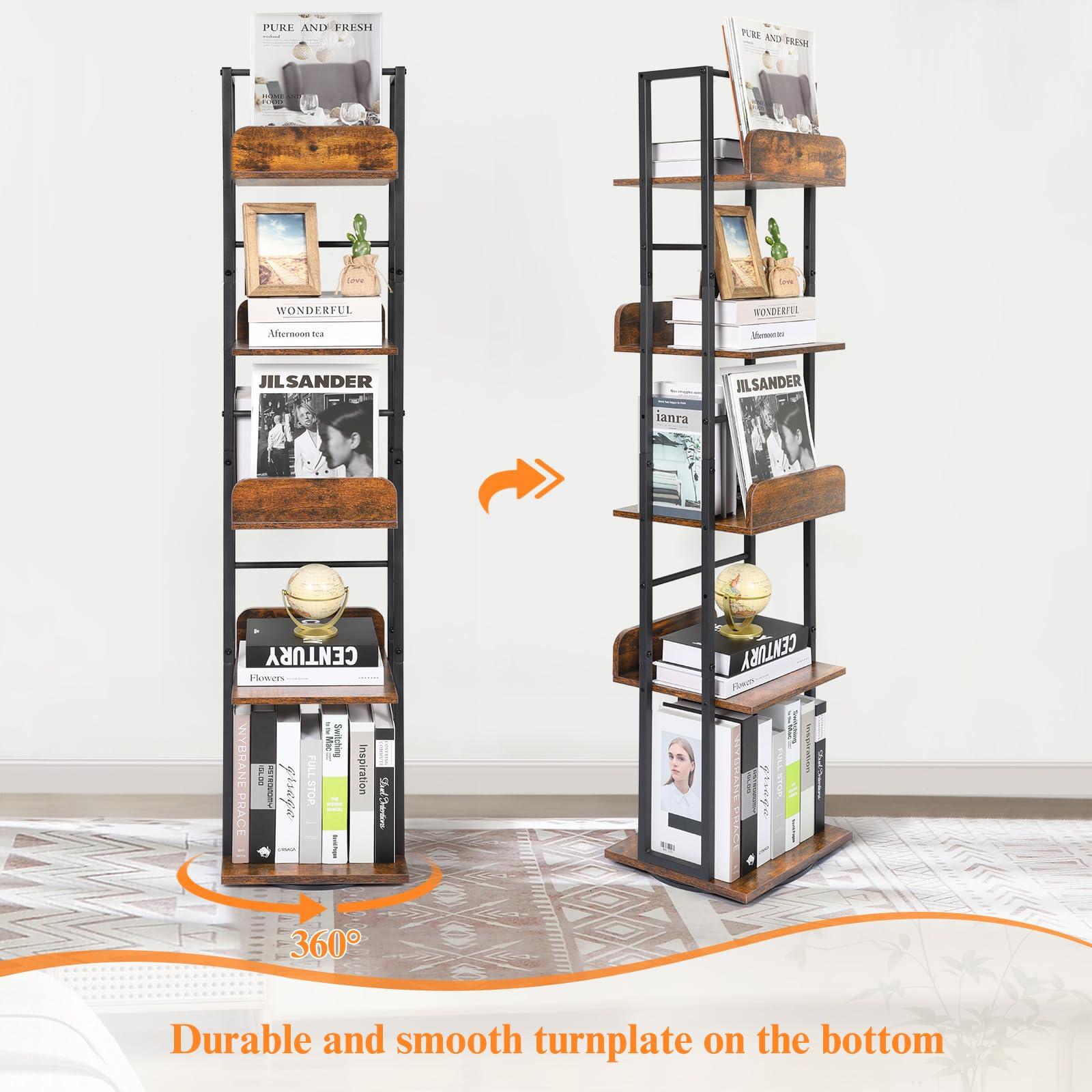Bikoney Rotating Bookshelf, 360 Display Spinning Bookshelf Tower, 5-Tier Narrow Bookcase, Tall Industrial Book Shelf Organizer, Small Corner Book Shelves for Living Room, Black - Image 4