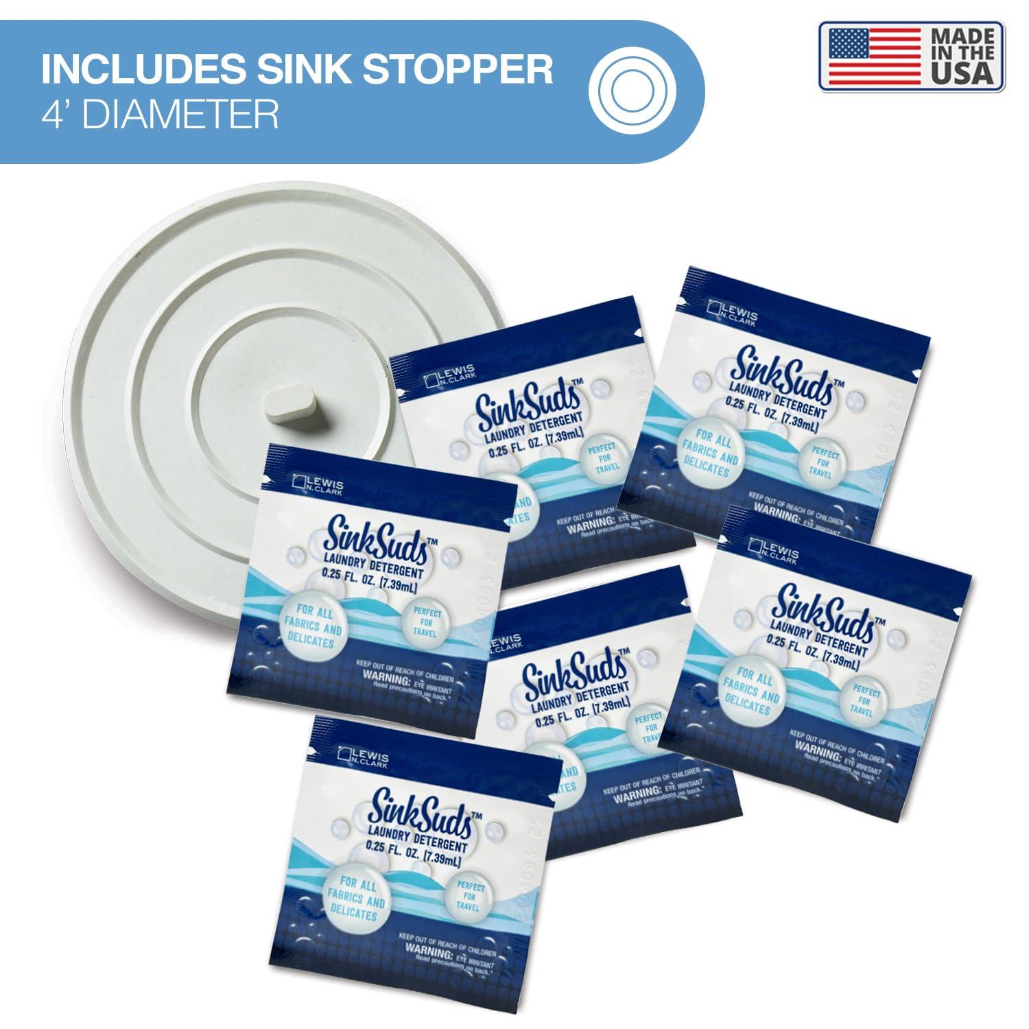 SinkSuds Laundry Detergent Travel Size Liquid Soap TSA Compliant Safe for All Fabrics 12 Packets & 2 Sink Stoppers - Image 5