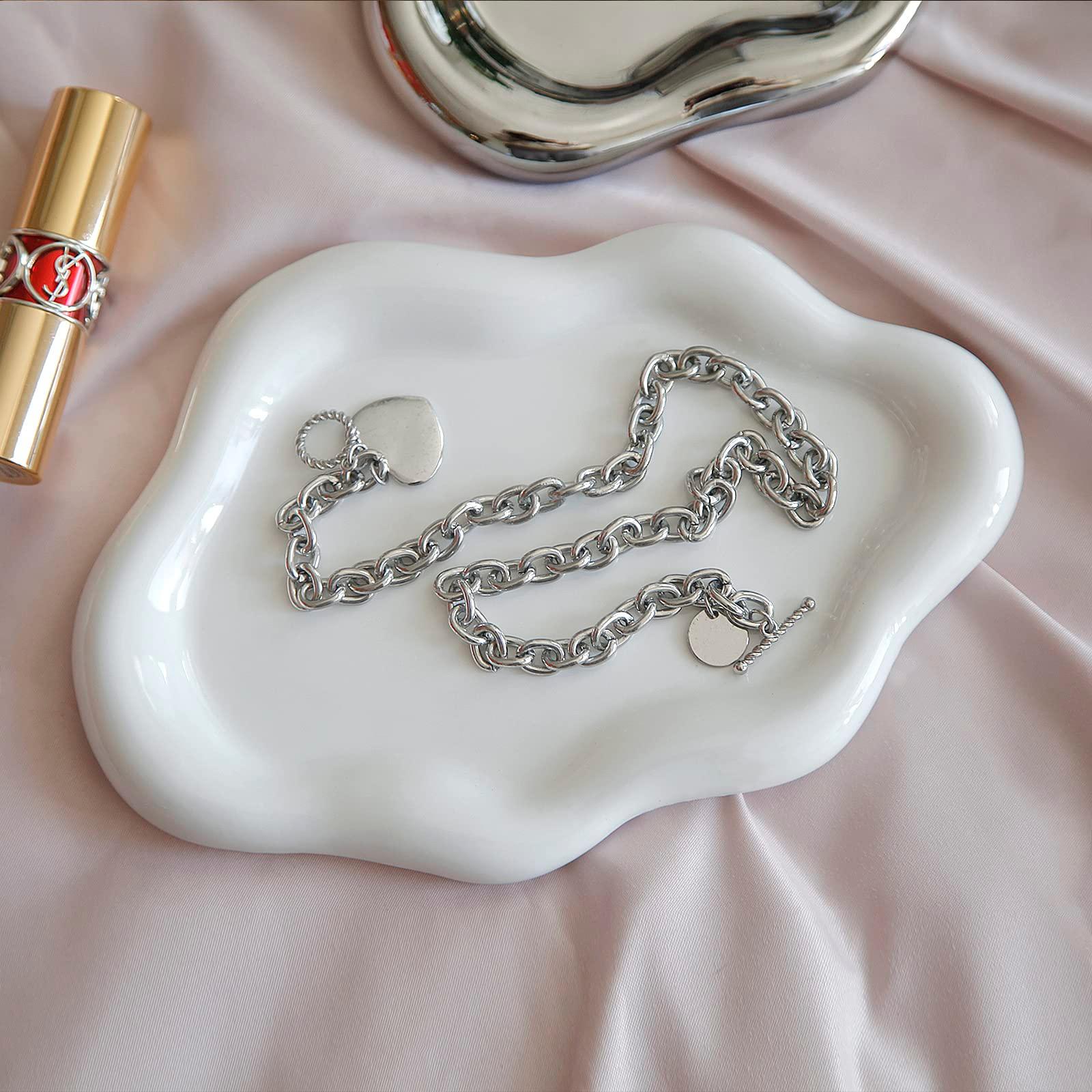 MDFAYE Jewelry Dish Trinket Tray for Women, Ring Dish Holder, Unique Cloud Shape Ceramic Plate Cute Things Vanity Aesthetic Room Decor Mother's Day Birthday (White) - Image 2