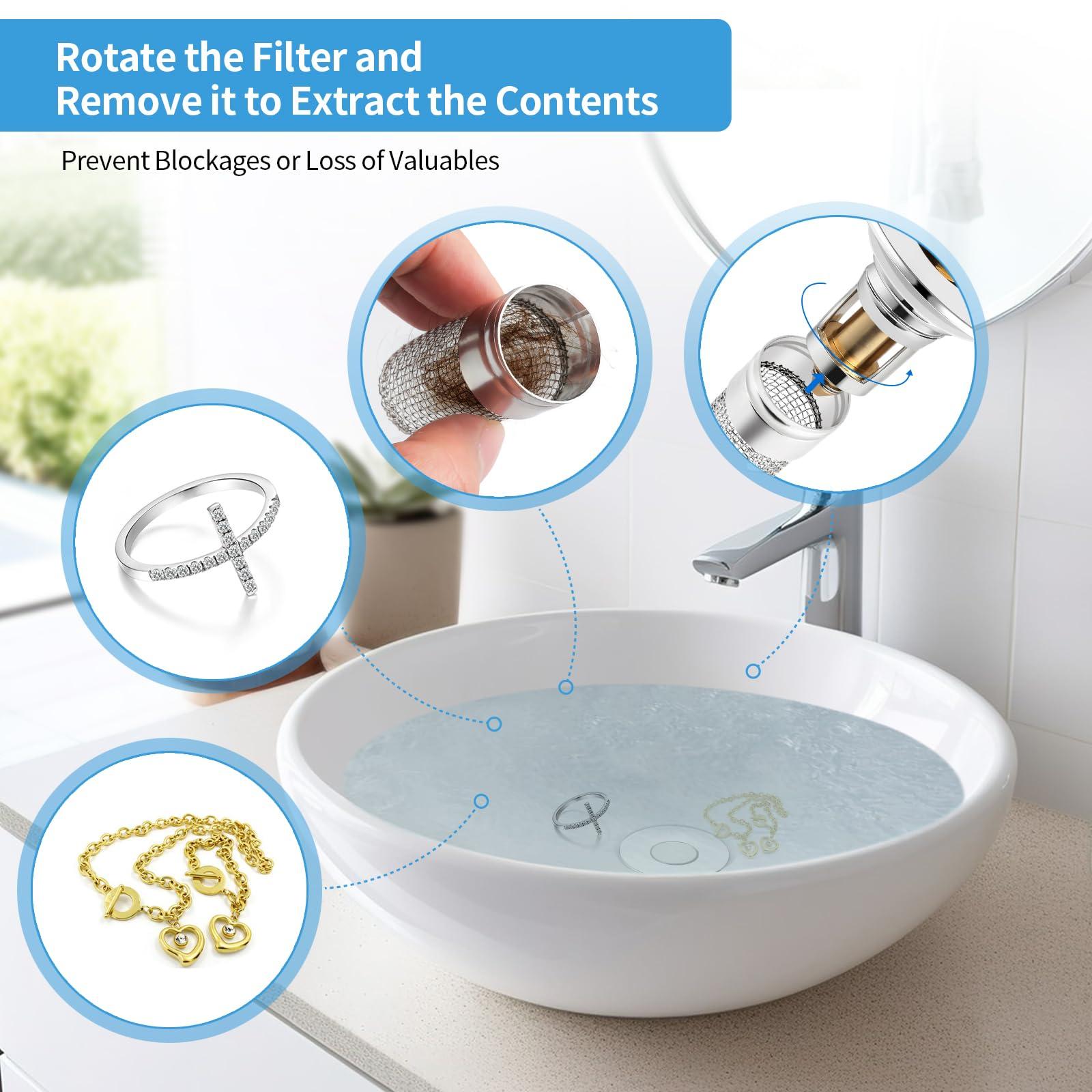 Nevellir 2 Pack Bathroom Sink Stopper for 1.06-1.50in, Universal Drain Filter with Hair Strainer, Universal Bathroom Sink Drain Pop Up Stopper for US Stainless Steel Floor Drain Filter - Image 5