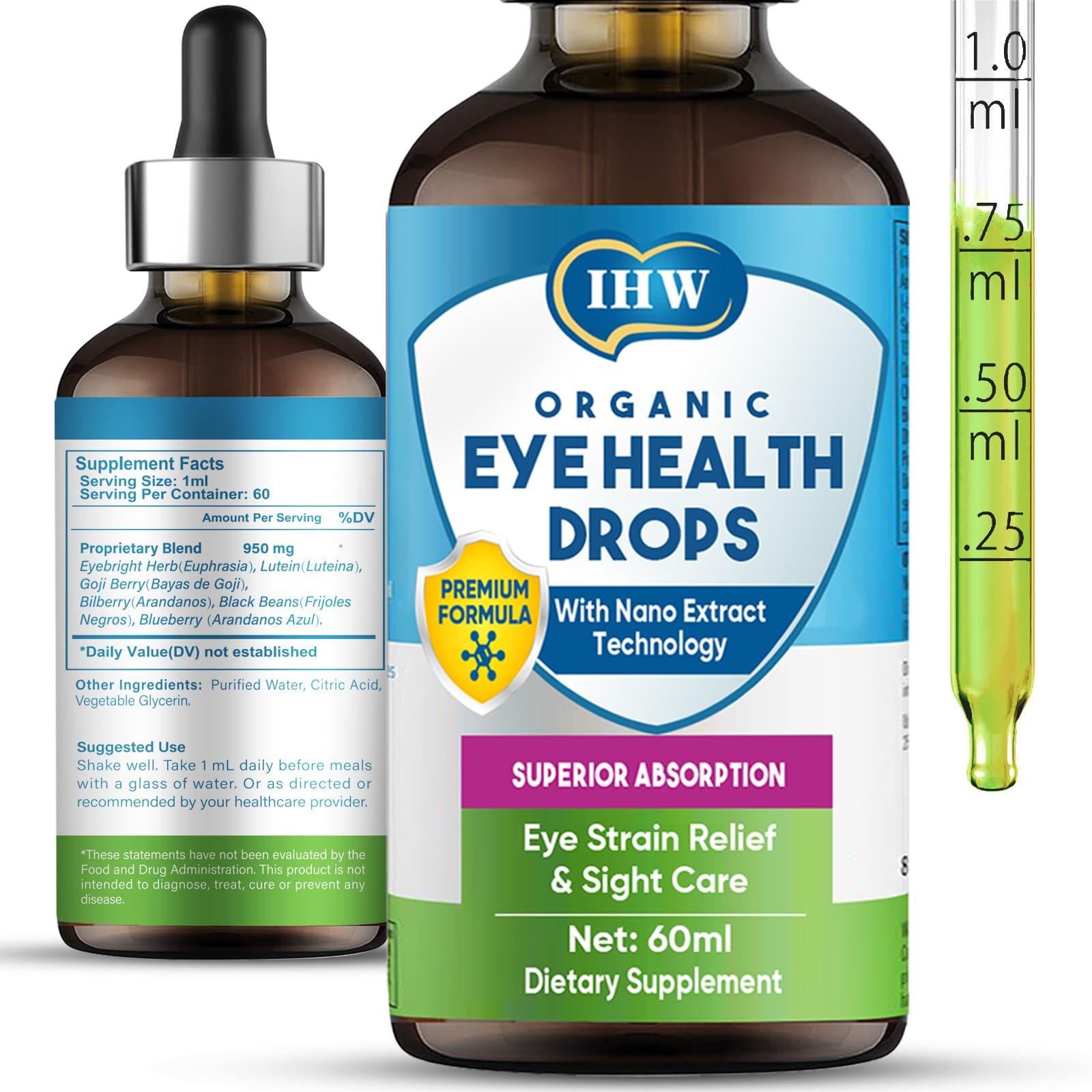 IHW 60ml Eyebright Herb Drops for Eye Health, Eye Fatigue & Dry Eye Support Herbal Supplements W/Euphrasia officinalis Bilberry Goji Leaves Blueberry Extract, Organic Eye Drops for Sight Care