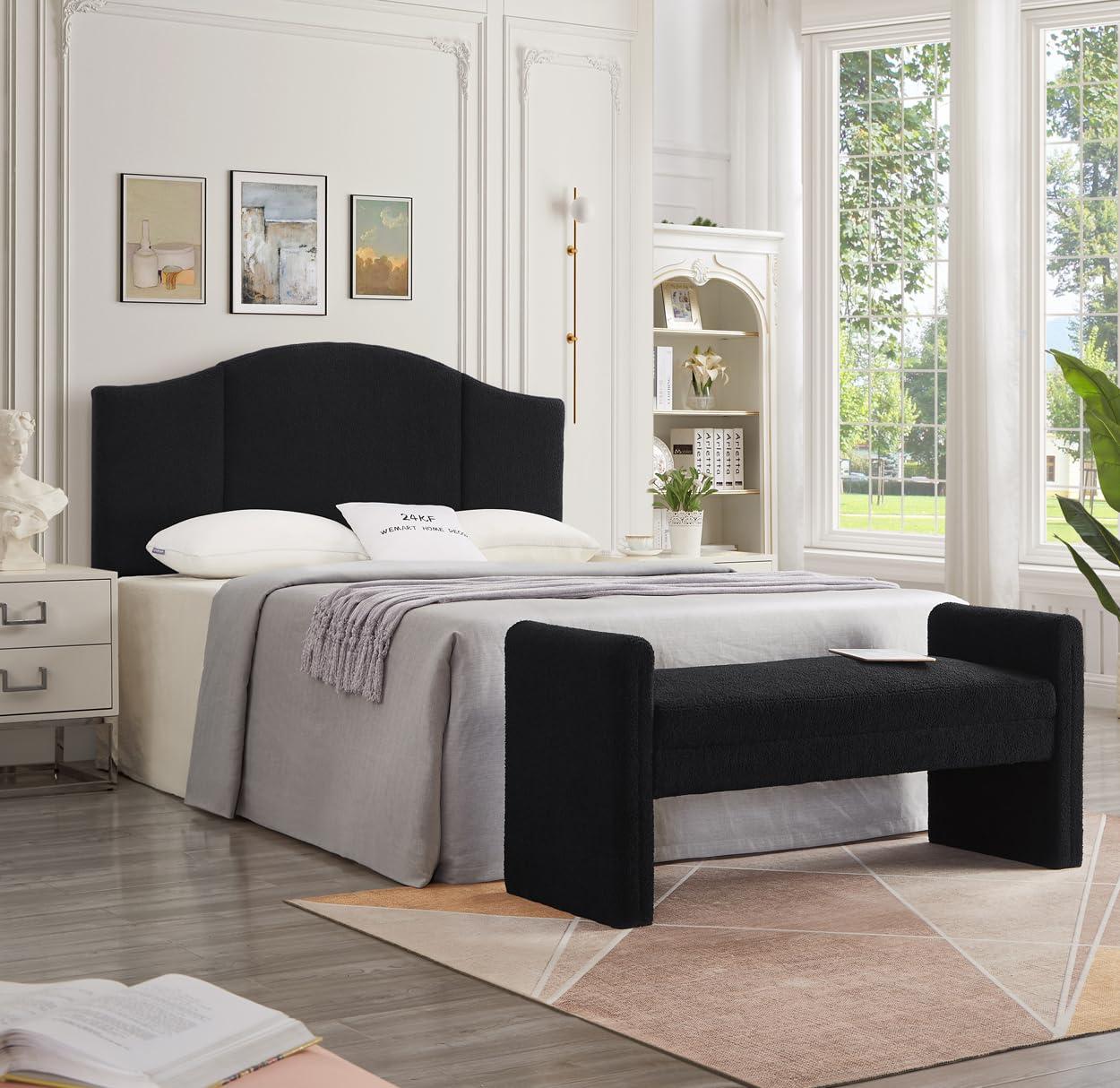 24KF Modern Boucle Teddy Lovely Bench, Upholstered Bed Ottoman With Armrest - Black - Image 8