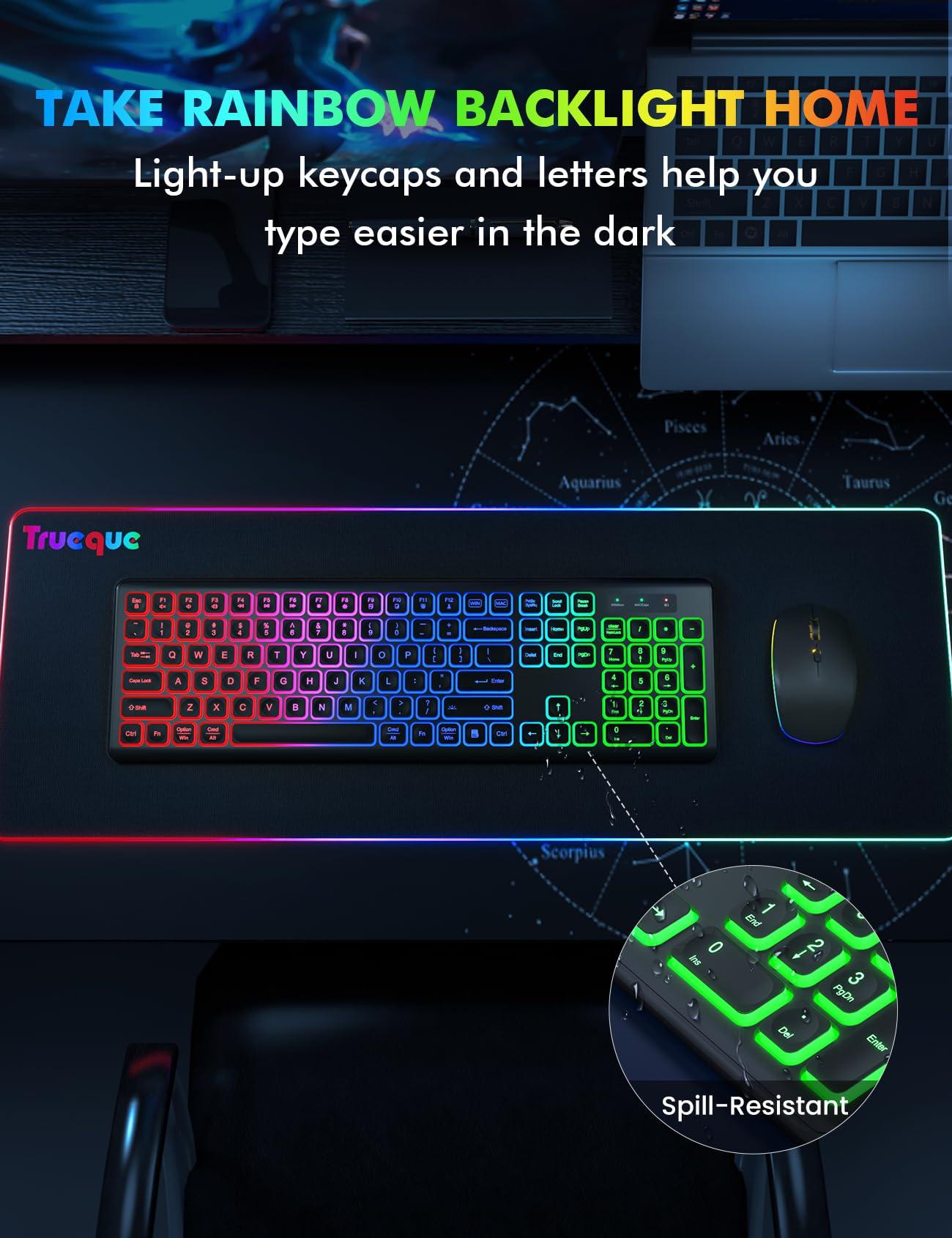 Wireless Keyboard and Mouse Combo - RGB Backlit, Rechargeable & Light Up Letters, Full-Size, Ergonomic Tilt Angle, Sleep Mode, 2.4GHz Quiet Keyboard Mouse for Mac, Windows, Laptop, PC - Image 7