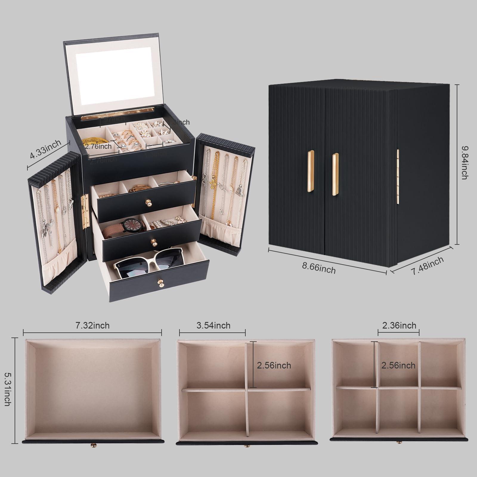 Dajasan Large Jewelry Box for Women, Jewelry Organizer Box with 3 Drawers, Jewelry Storage Organizer with Mirror for Necklace Ring Bracelet Watch, Gift Idea, 8.7 x 7.5 x 9.8 Inches (Black) - Image 3