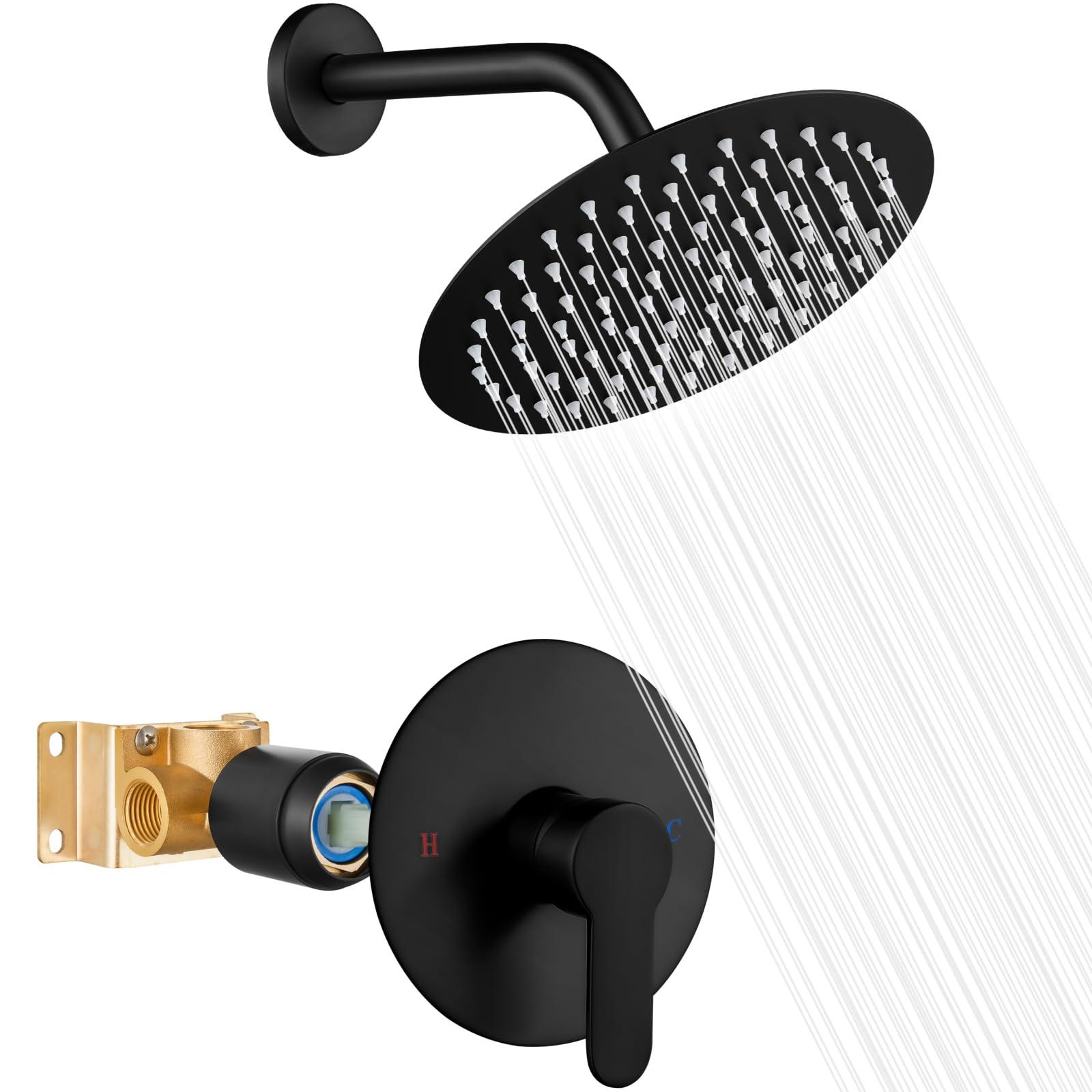 Heyalan Shower Faucet Set with Valve Kit,8 Inch Bathroom Rainfall Shower Head and Handle Set System Trim Kit,Female Thread Valve Single Function,Matte Black