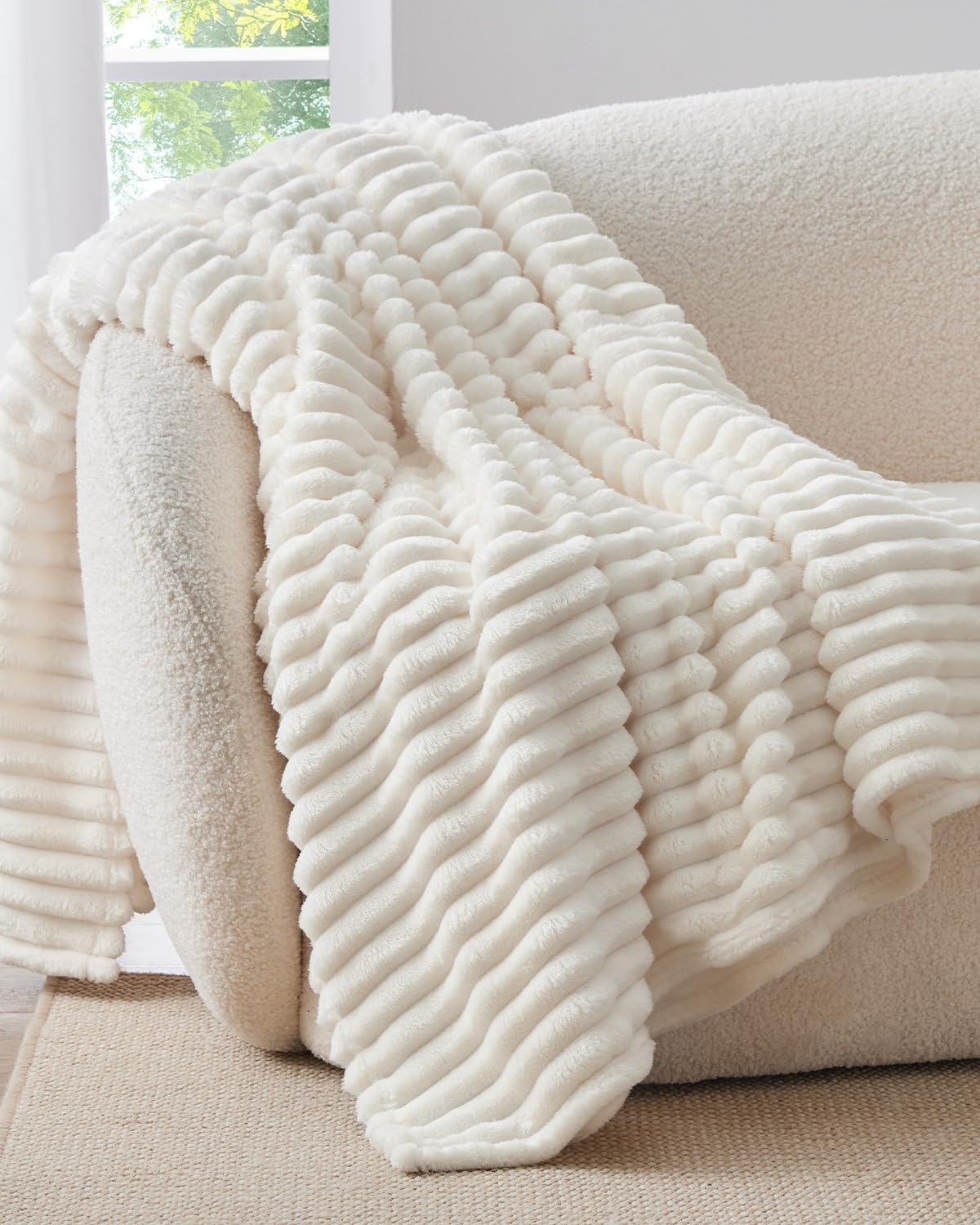 BEDELITE Fleece Throw Blanket for Couch - 300GSM Soft & Warm Fluffy Cream White Blanket, Decorative and Giftable Striped Blankets for Women, Men, 50"x60"