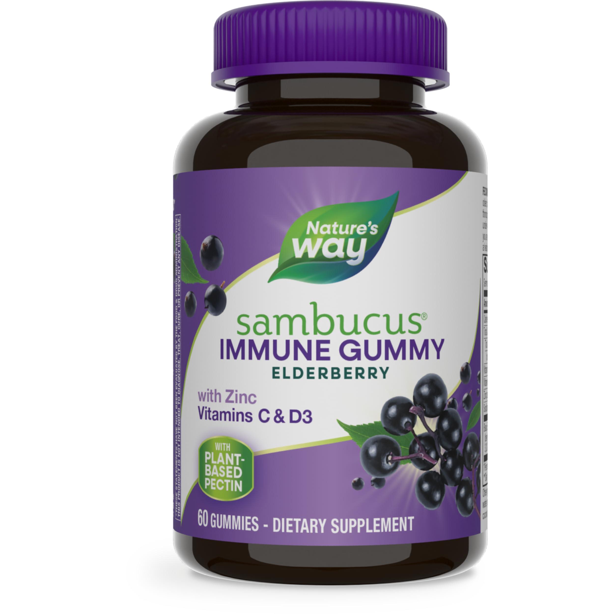 Nature’s Way Sambucus Elderberry Immune Gummies, Daily Immune Support for Kids and Adults*, with Vitamin C, Vitamin D3, Zinc, Gluten Free, Vegetarian, 60 Gummies