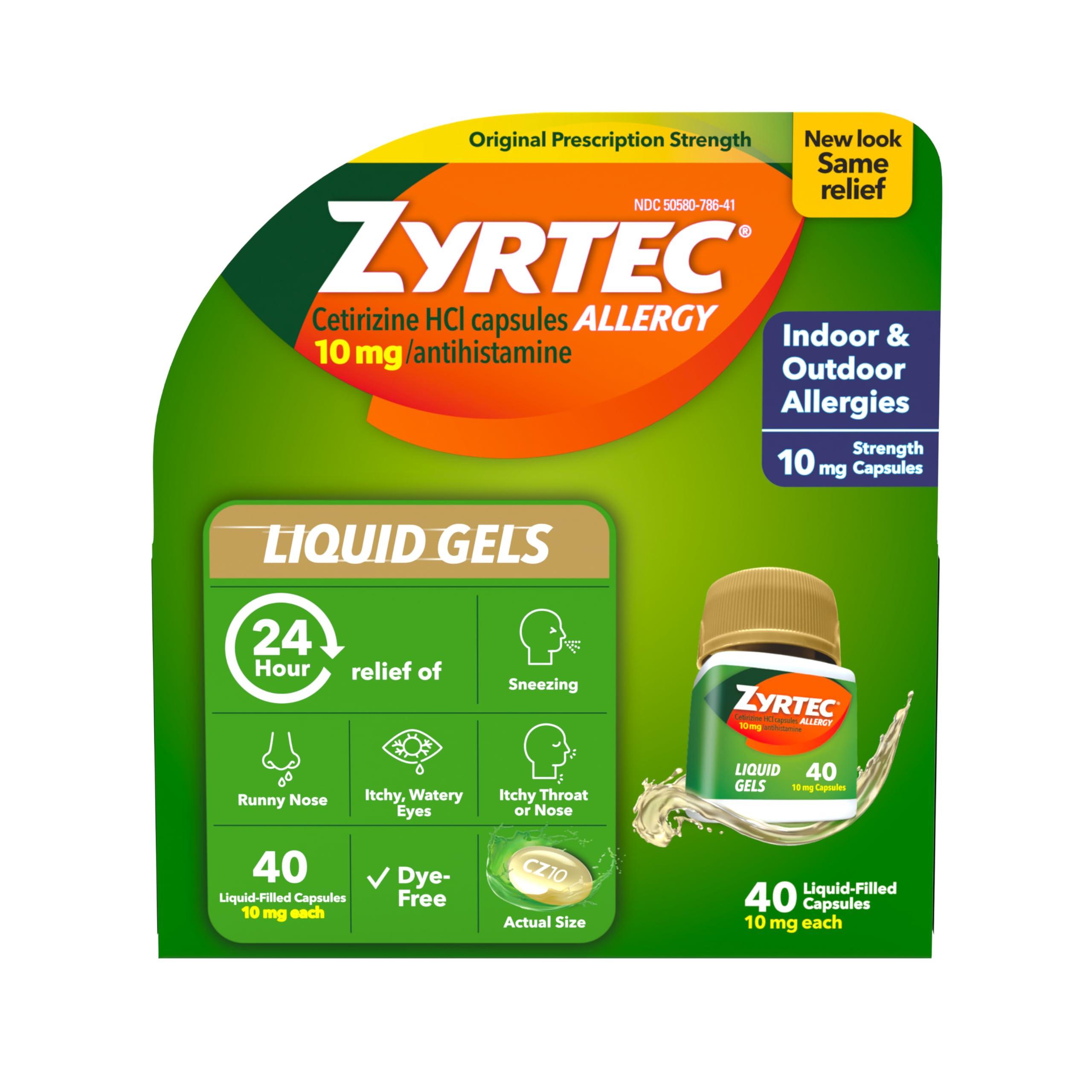 Zyrtec 24 Hour Allergy Relief Liquid Gels, Antihistamine Capsules with Cetirizine HCl Allergy Medicine for All-Day Relief from Runny Nose, Sneezing, Itchy Eyes & More, 40 Count