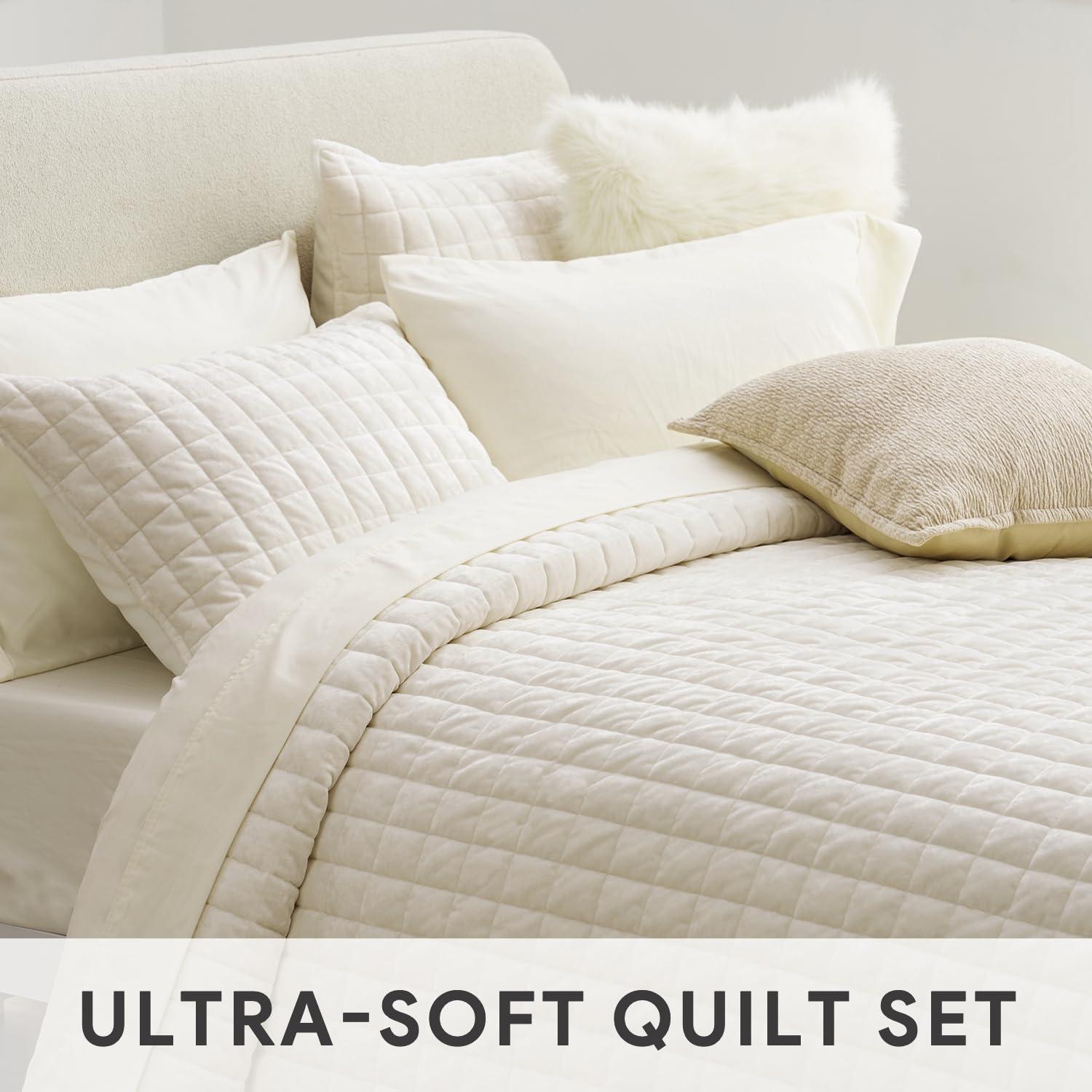 RECYCO Luxury Velvet Quilt Set Full Queen Size, Lightweight Velvet Comforter Set, Oversized Bedspread Coverlet Quilted Bedding Set, with 2 Matching Pillow Shams, for All Season, Cream White - Image 5