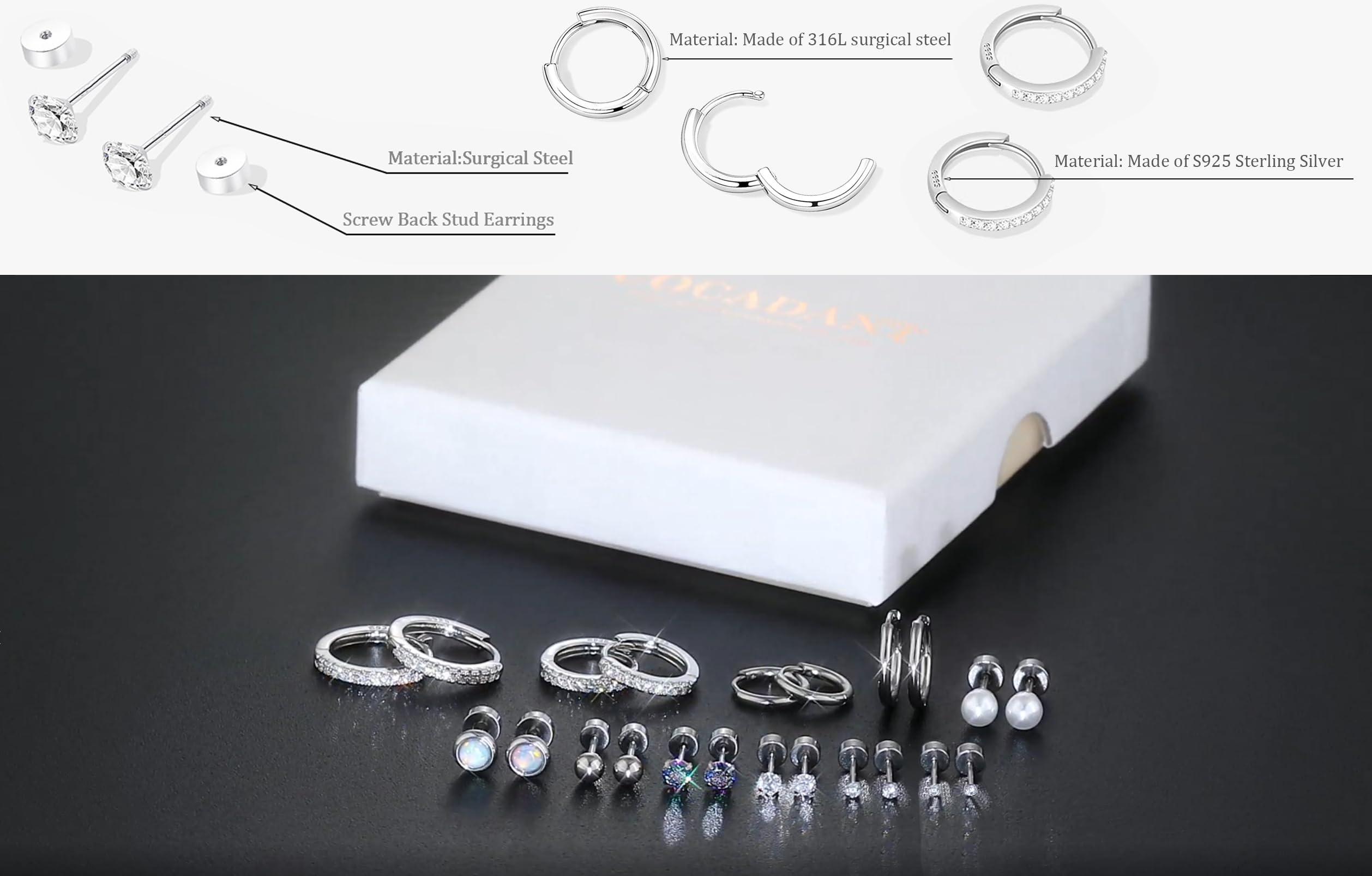 Surgical Steel Flat Back Earrings Set for Multiple Piercing Sensitive Ears,Sterling Silver Hypoallergenic Small Cartilage Huggie Hoop Earrings Titanium Tiny CZ Pearl Opal Stud Earrings for Women - Image 8